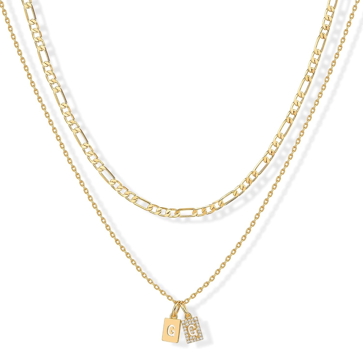 image:imagePAVOI 14K Gold Plated Initial Letter Double Dog Tag Pendant Necklace Dainty Cubic Zirconia Letter Tag Round Box Chain Necklaces for Women G