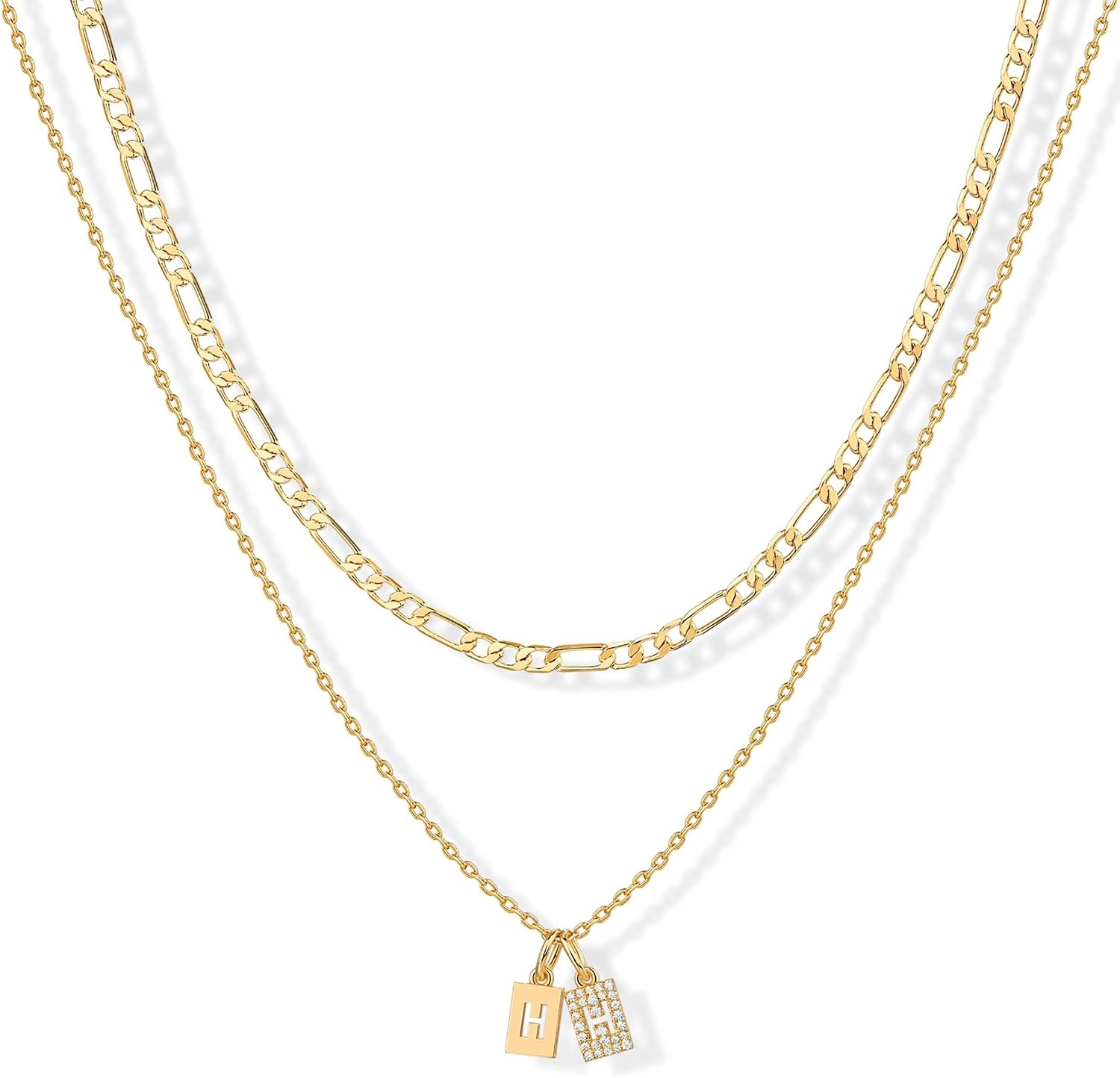 image:imagePAVOI 14K Gold Plated Initial Letter Double Dog Tag Pendant Necklace Dainty Cubic Zirconia Letter Tag Round Box Chain Necklaces for Women H