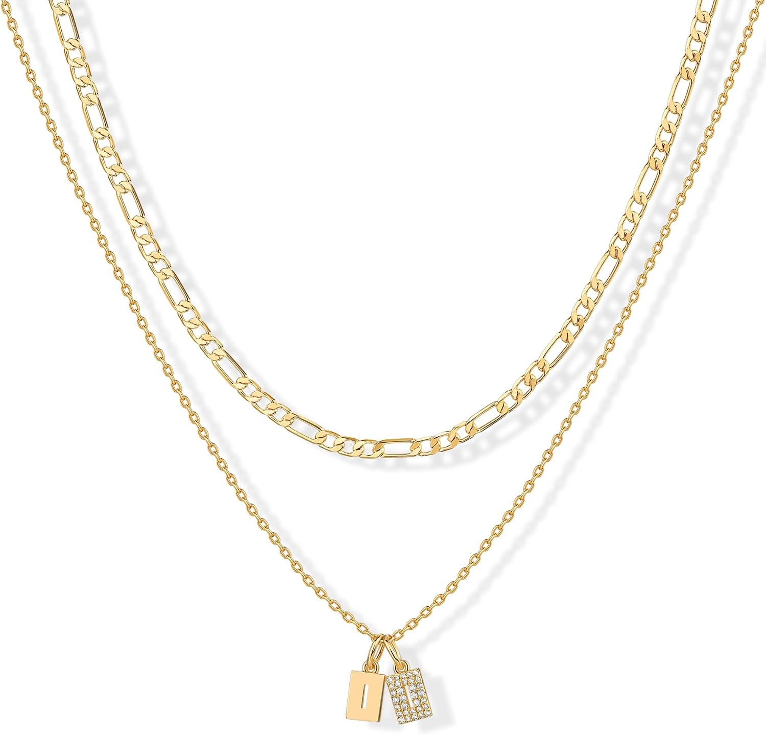 image:imagePAVOI 14K Gold Plated Initial Letter Double Dog Tag Pendant Necklace Dainty Cubic Zirconia Letter Tag Round Box Chain Necklaces for Women I