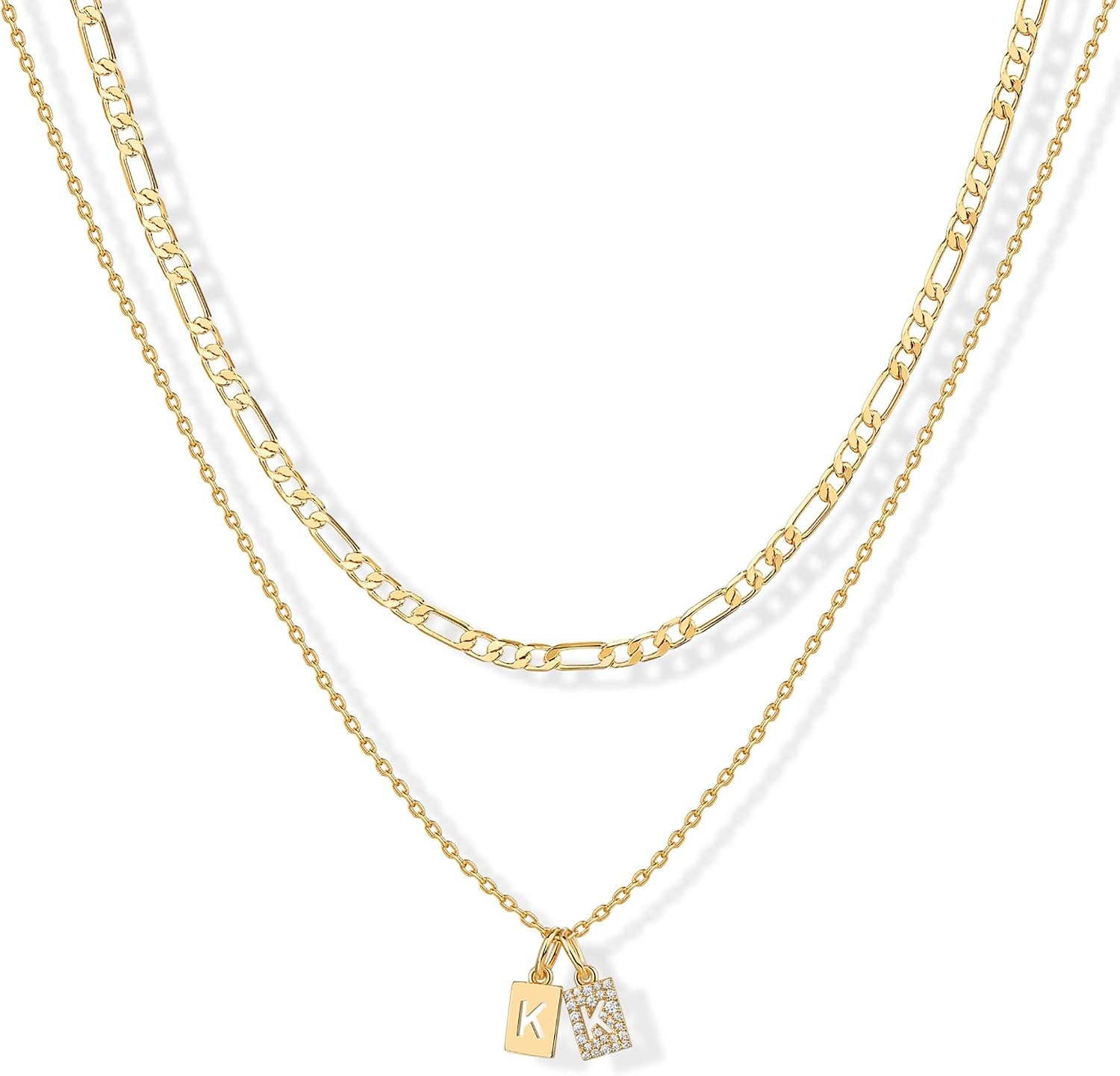 image:imagePAVOI 14K Gold Plated Initial Letter Double Dog Tag Pendant Necklace Dainty Cubic Zirconia Letter Tag Round Box Chain Necklaces for Women K