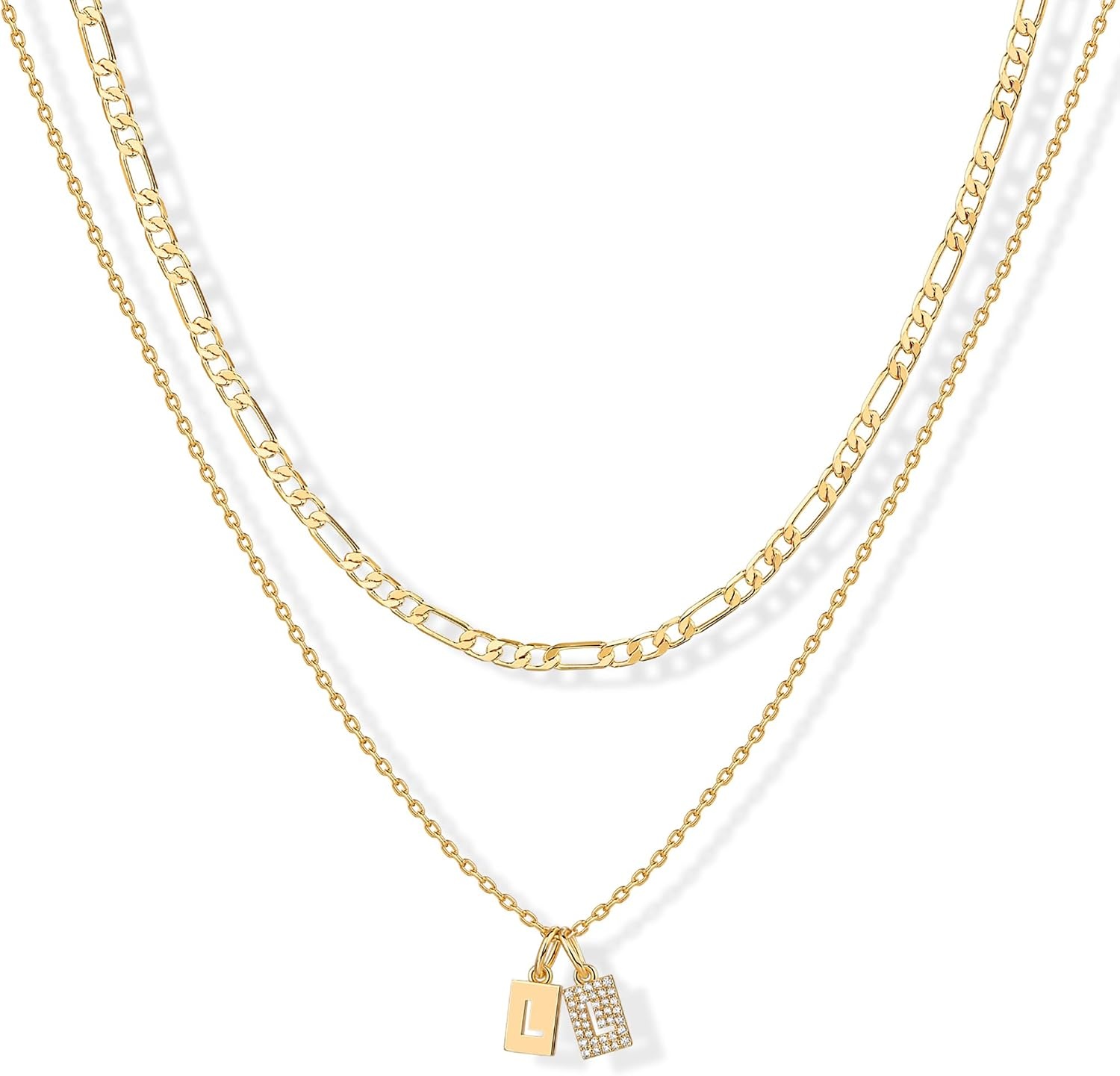 image:imagePAVOI 14K Gold Plated Initial Letter Double Dog Tag Pendant Necklace Dainty Cubic Zirconia Letter Tag Round Box Chain Necklaces for Women L