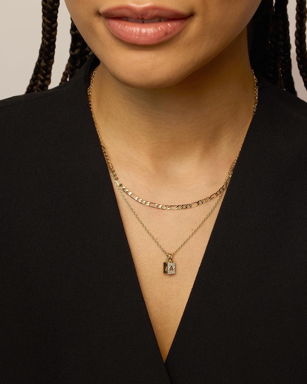 image:imagePAVOI 14K Gold Plated Initial Letter Double Dog Tag Pendant Necklace Dainty Cubic Zirconia Letter Tag Round Box Chain Necklaces for Women L