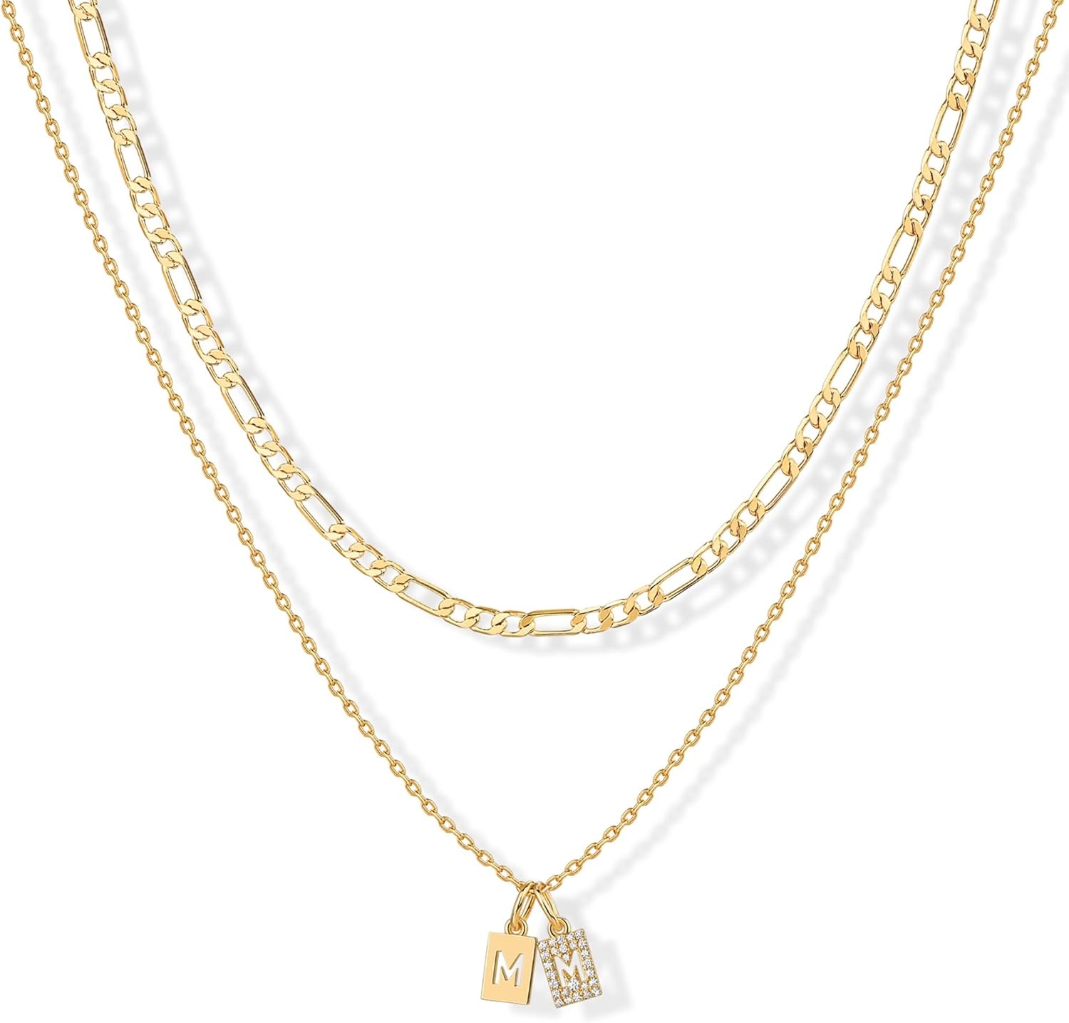 image:imagePAVOI 14K Gold Plated Initial Letter Double Dog Tag Pendant Necklace Dainty Cubic Zirconia Letter Tag Round Box Chain Necklaces for Women M