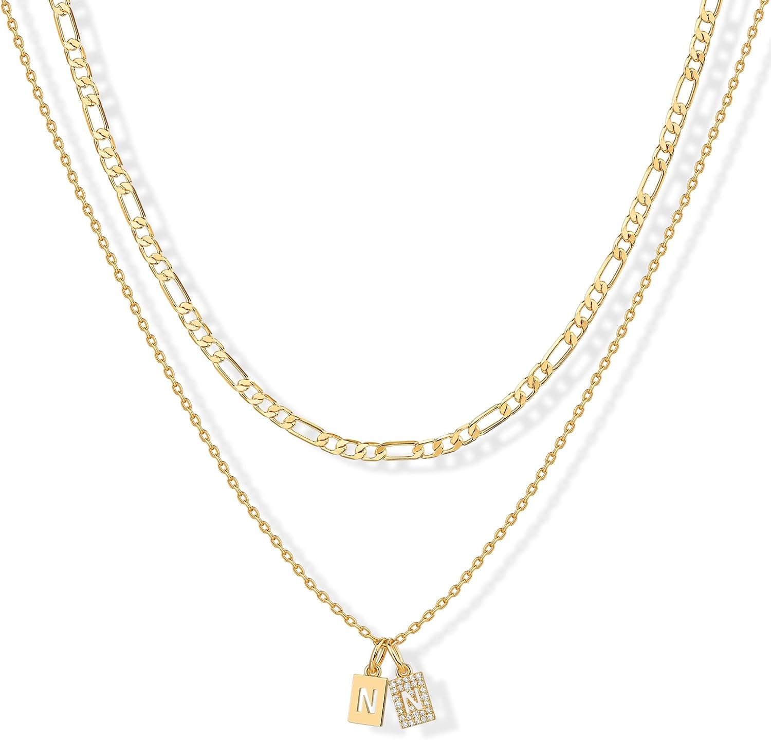 image:imagePAVOI 14K Gold Plated Initial Letter Double Dog Tag Pendant Necklace Dainty Cubic Zirconia Letter Tag Round Box Chain Necklaces for Women N