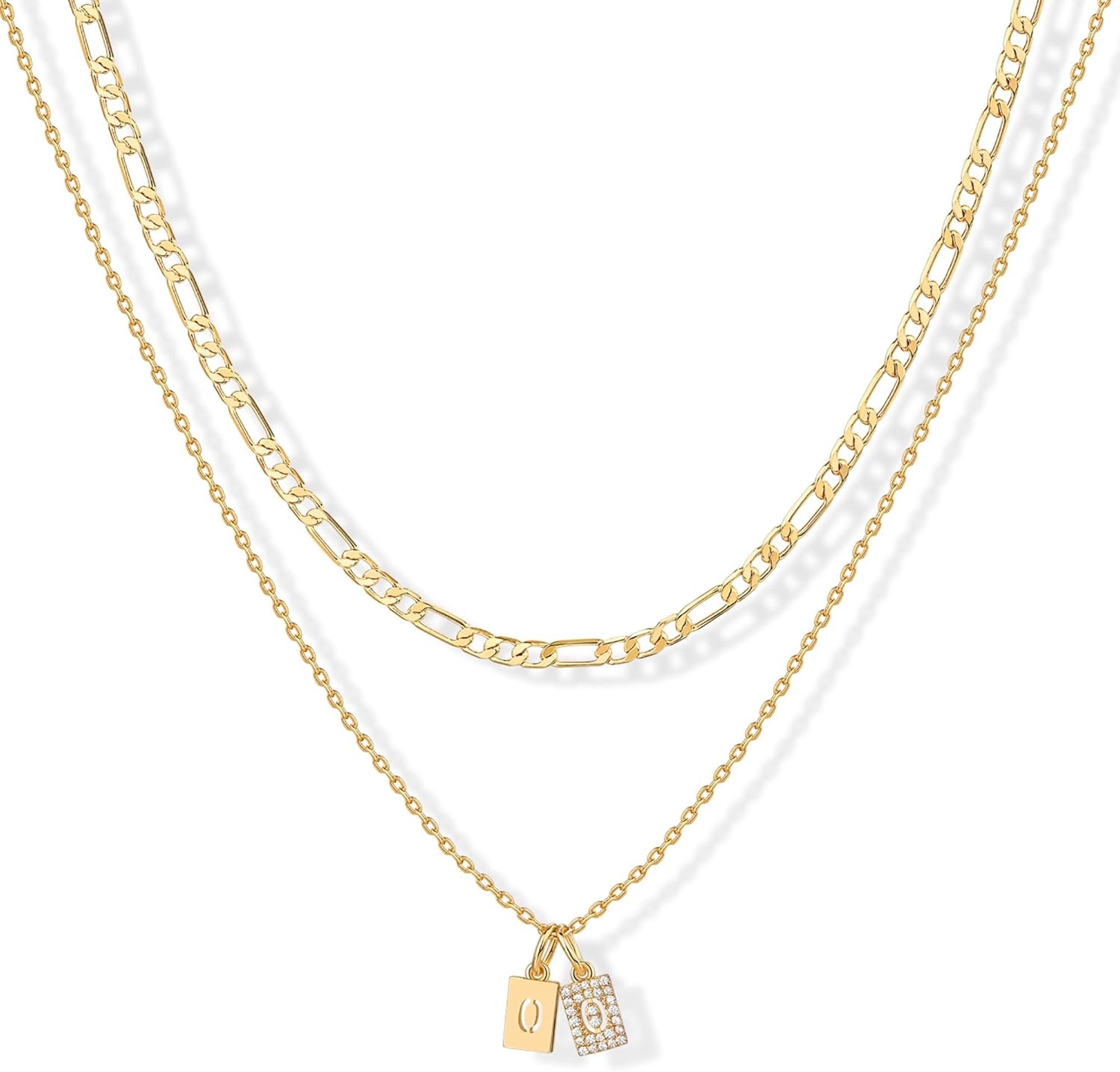 image:imagePAVOI 14K Gold Plated Initial Letter Double Dog Tag Pendant Necklace Dainty Cubic Zirconia Letter Tag Round Box Chain Necklaces for Women O