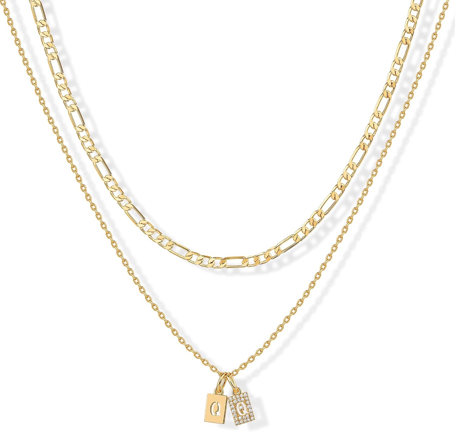 image:imagePAVOI 14K Gold Plated Initial Letter Double Dog Tag Pendant Necklace Dainty Cubic Zirconia Letter Tag Round Box Chain Necklaces for Women Q