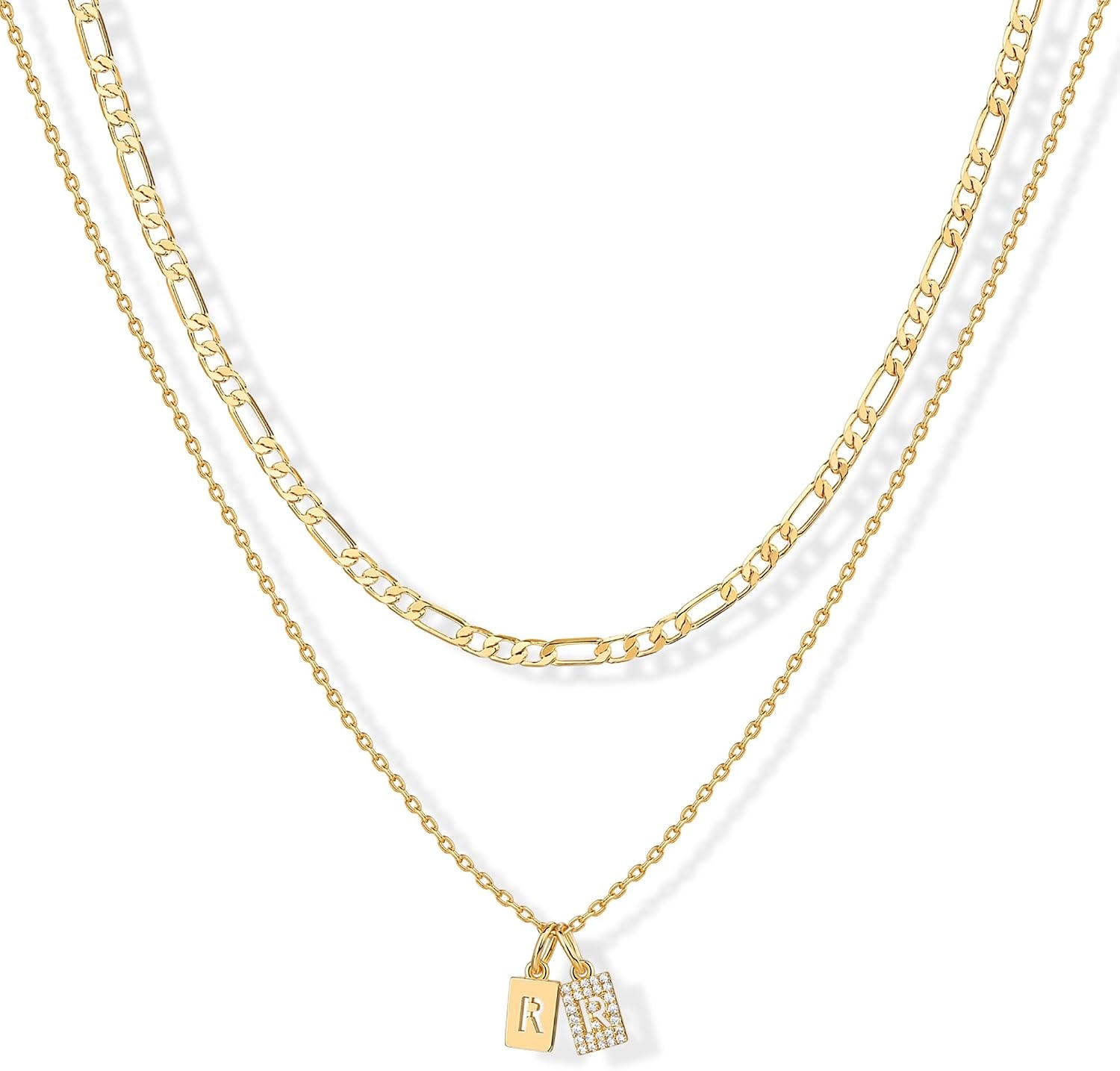 image:imagePAVOI 14K Gold Plated Initial Letter Double Dog Tag Pendant Necklace Dainty Cubic Zirconia Letter Tag Round Box Chain Necklaces for Women R