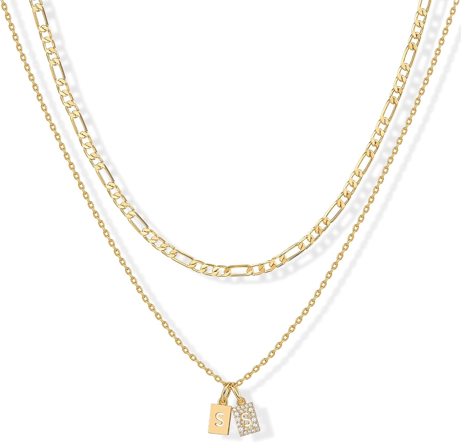 image:imagePAVOI 14K Gold Plated Initial Letter Double Dog Tag Pendant Necklace Dainty Cubic Zirconia Letter Tag Round Box Chain Necklaces for Women S