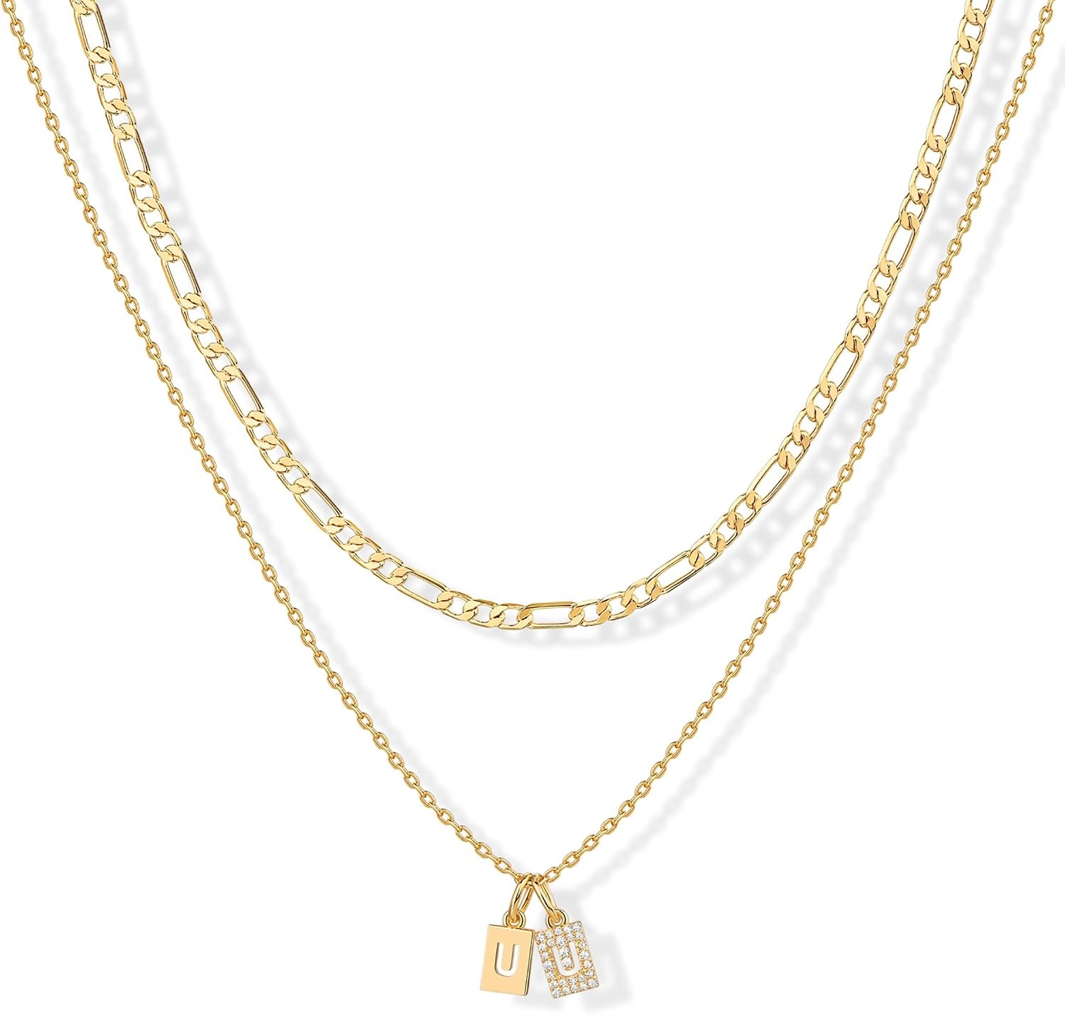 image:imagePAVOI 14K Gold Plated Initial Letter Double Dog Tag Pendant Necklace Dainty Cubic Zirconia Letter Tag Round Box Chain Necklaces for Women U