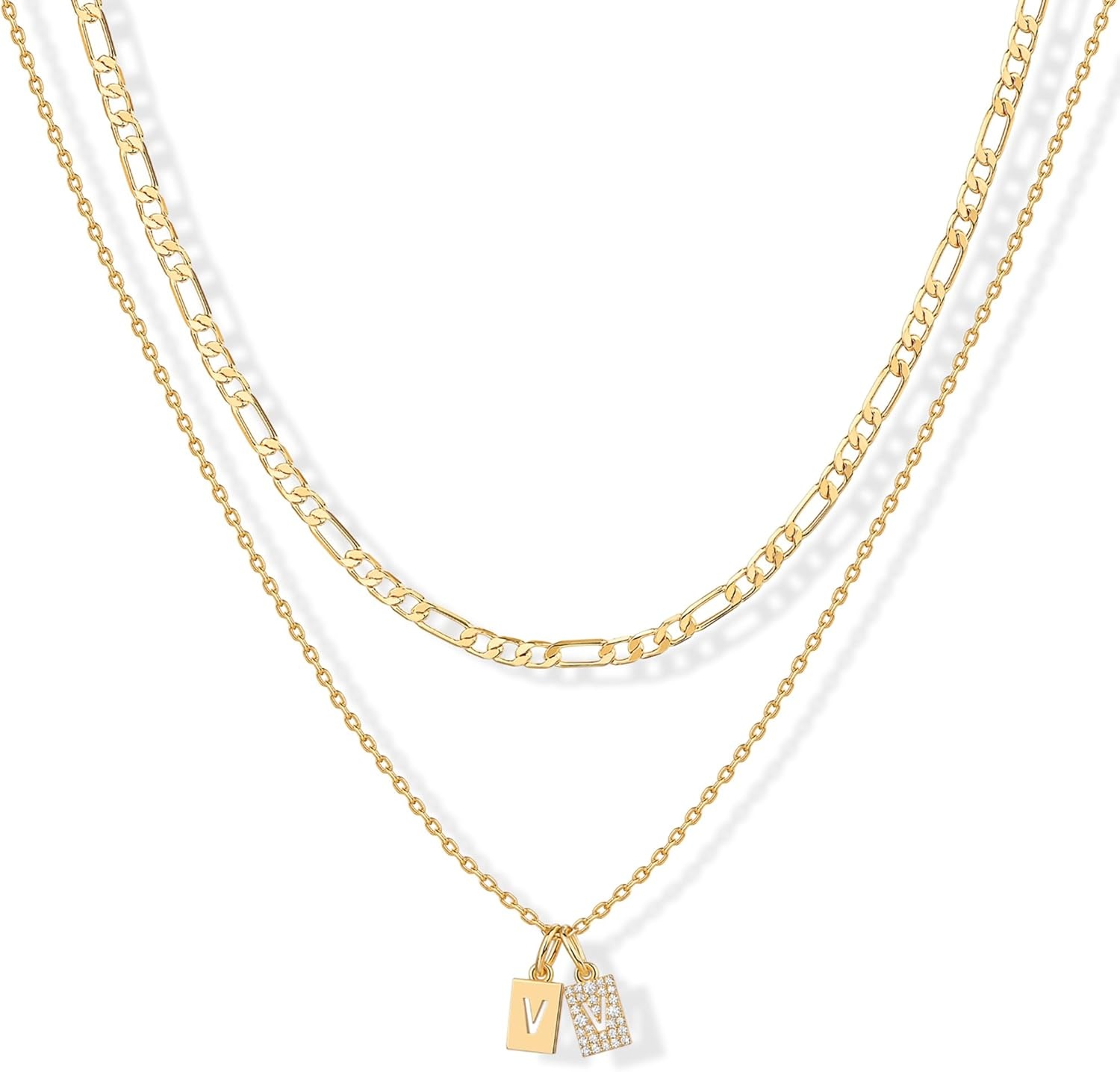 image:imagePAVOI 14K Gold Plated Initial Letter Double Dog Tag Pendant Necklace Dainty Cubic Zirconia Letter Tag Round Box Chain Necklaces for Women V
