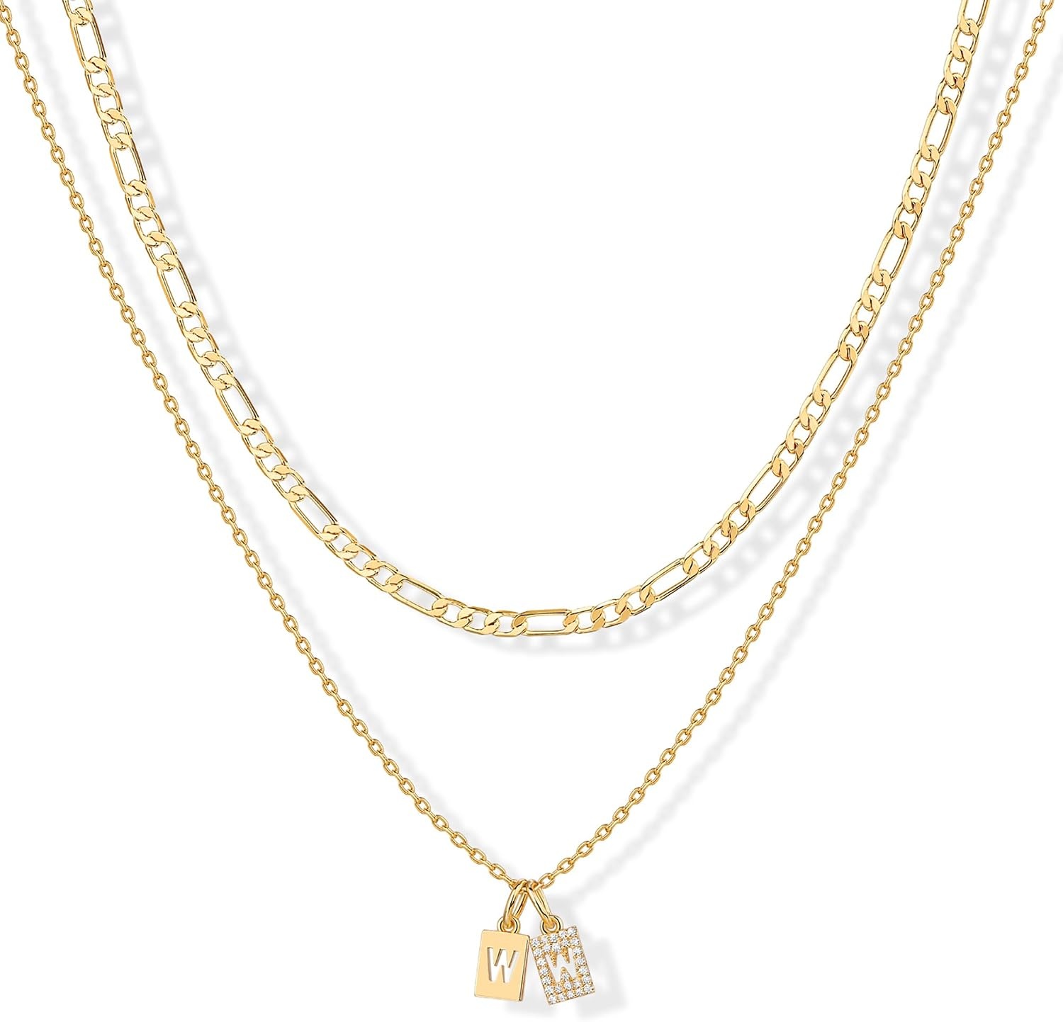 image:imagePAVOI 14K Gold Plated Initial Letter Double Dog Tag Pendant Necklace Dainty Cubic Zirconia Letter Tag Round Box Chain Necklaces for Women W