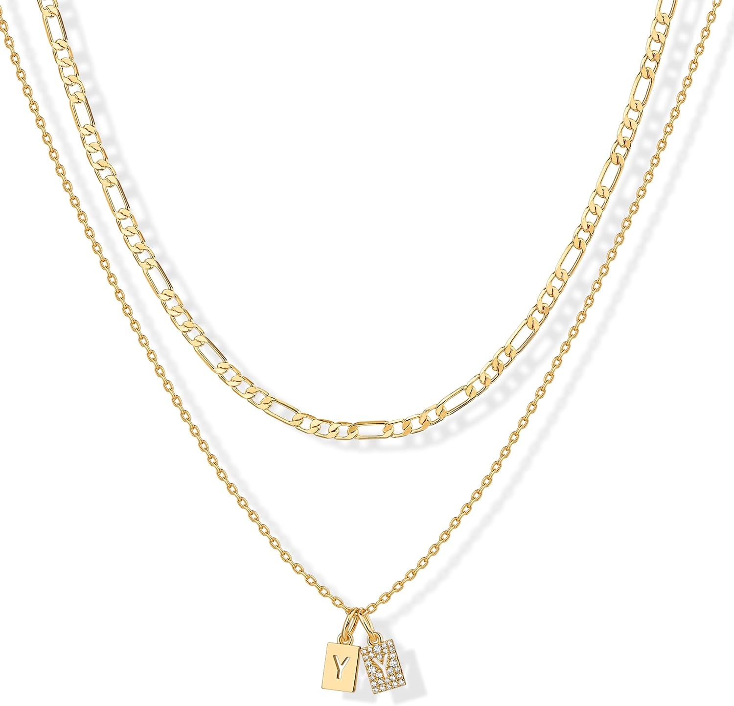image:imagePAVOI 14K Gold Plated Initial Letter Double Dog Tag Pendant Necklace Dainty Cubic Zirconia Letter Tag Round Box Chain Necklaces for Women Y