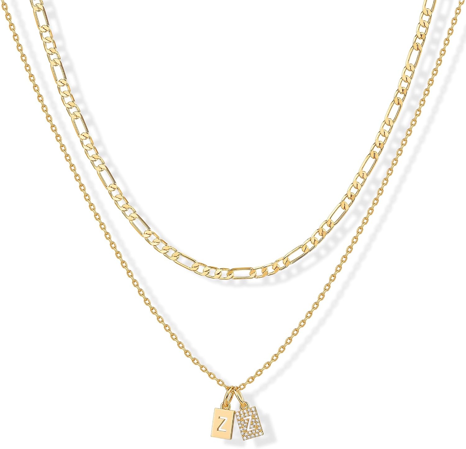 image:imagePAVOI 14K Gold Plated Initial Letter Double Dog Tag Pendant Necklace Dainty Cubic Zirconia Letter Tag Round Box Chain Necklaces for Women Z