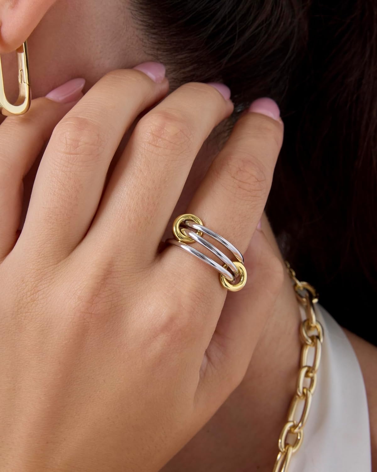 image:imagePAVOI 14K Gold Plated Interlocked Stackable Rings for Women Statement Mixed Metals Multi Ring Stack Cubic Zirconia Connected Bands Stacking JewelryPlain Yellow Gold