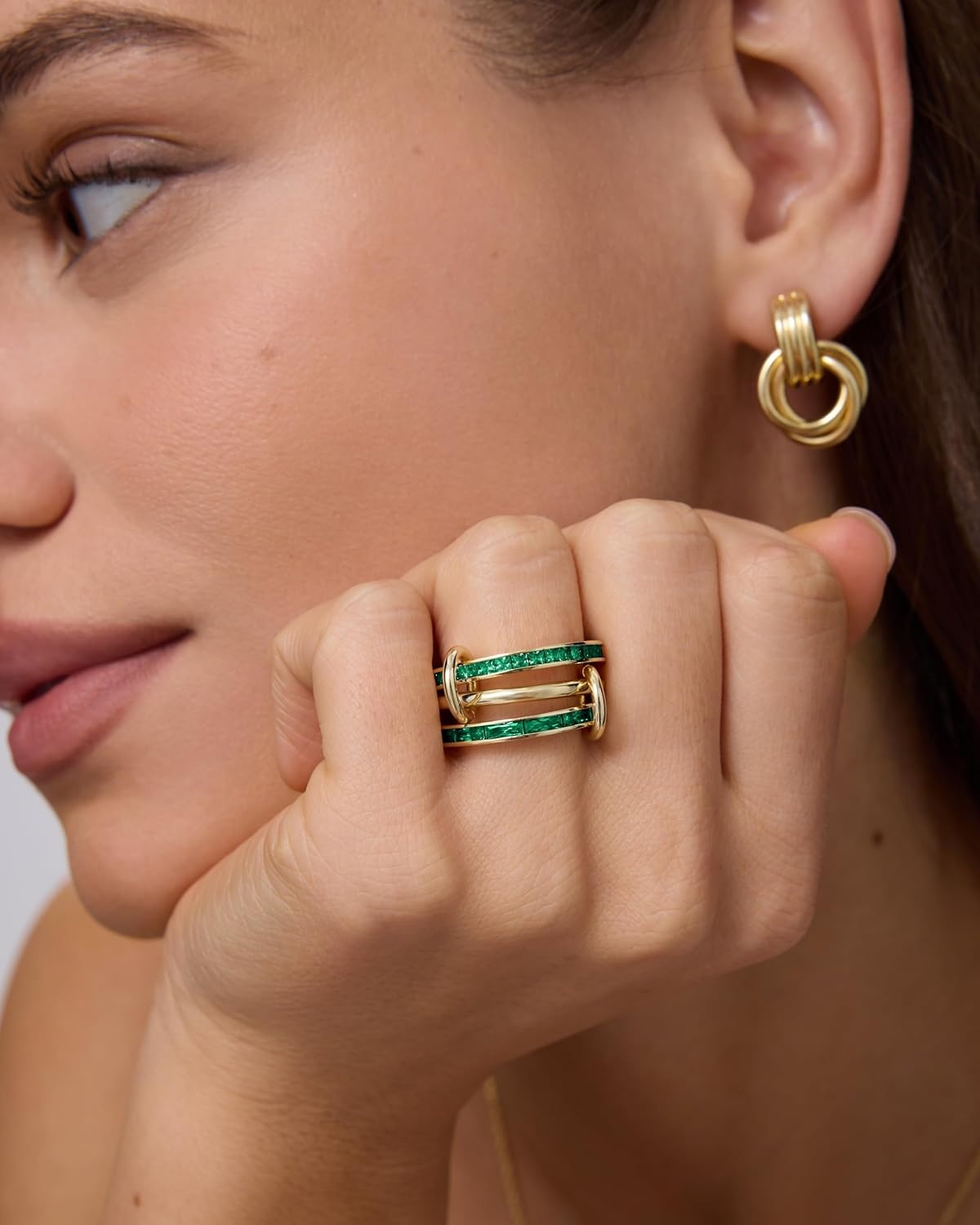 image:imagePAVOI 14K Gold Plated Interlocking Ring for Women Chunky Connected Bands Interlock Stackable Rings for Women Trendy Cubic Zirconia Two Tone Interlocked MultiBand Statement JewelryChunky Bands Green CZ White Gold