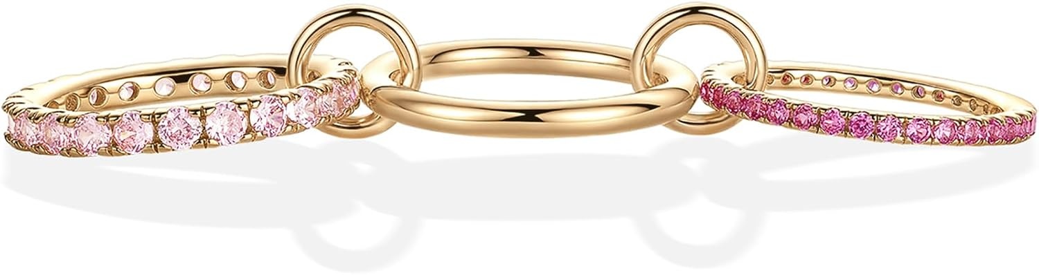 image:imagePAVOI 14K Gold Plated Interlocking Ring for Women Chunky Connected Bands Interlock Stackable Rings for Women Trendy Cubic Zirconia Two Tone Interlocked MultiBand Statement JewelryChunky Bands Fuschia CZ Yellow Gold
