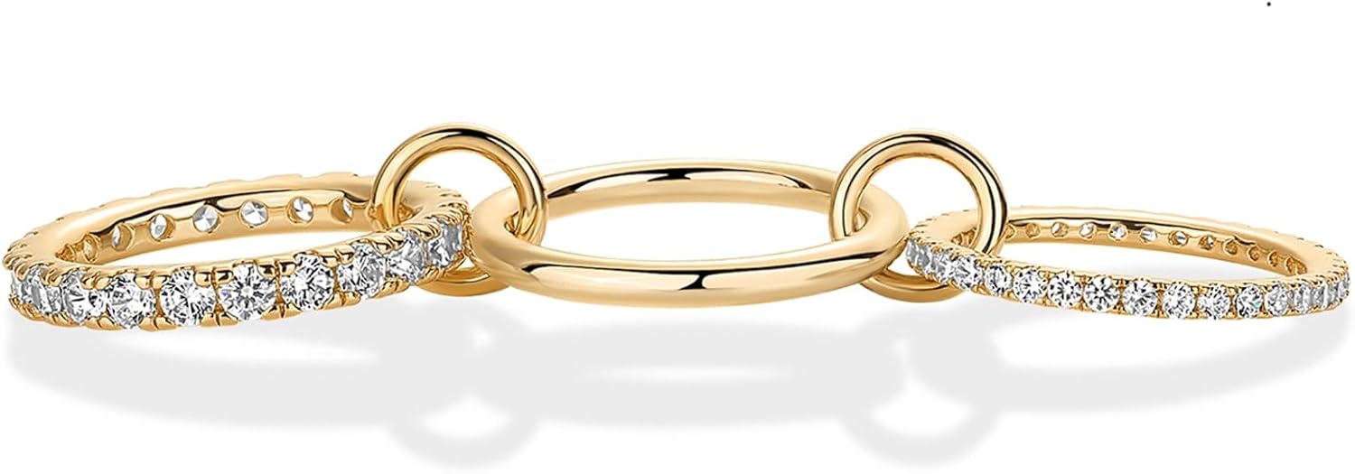 image:imagePAVOI 14K Gold Plated Interlocking Ring for Women Chunky Connected Bands Interlock Stackable Rings for Women Trendy Cubic Zirconia Two Tone Interlocked MultiBand Statement JewelryTriple bands plain CZ Yellow Gold