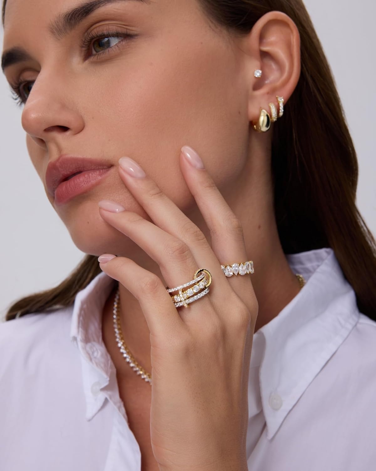 image:imagePAVOI 14K Gold Plated Interlocking Ring for Women Chunky Connected Bands Interlock Stackable Rings for Women Trendy Cubic Zirconia Two Tone Interlocked MultiBand Statement JewelryTriple Bands CZ Two Toned