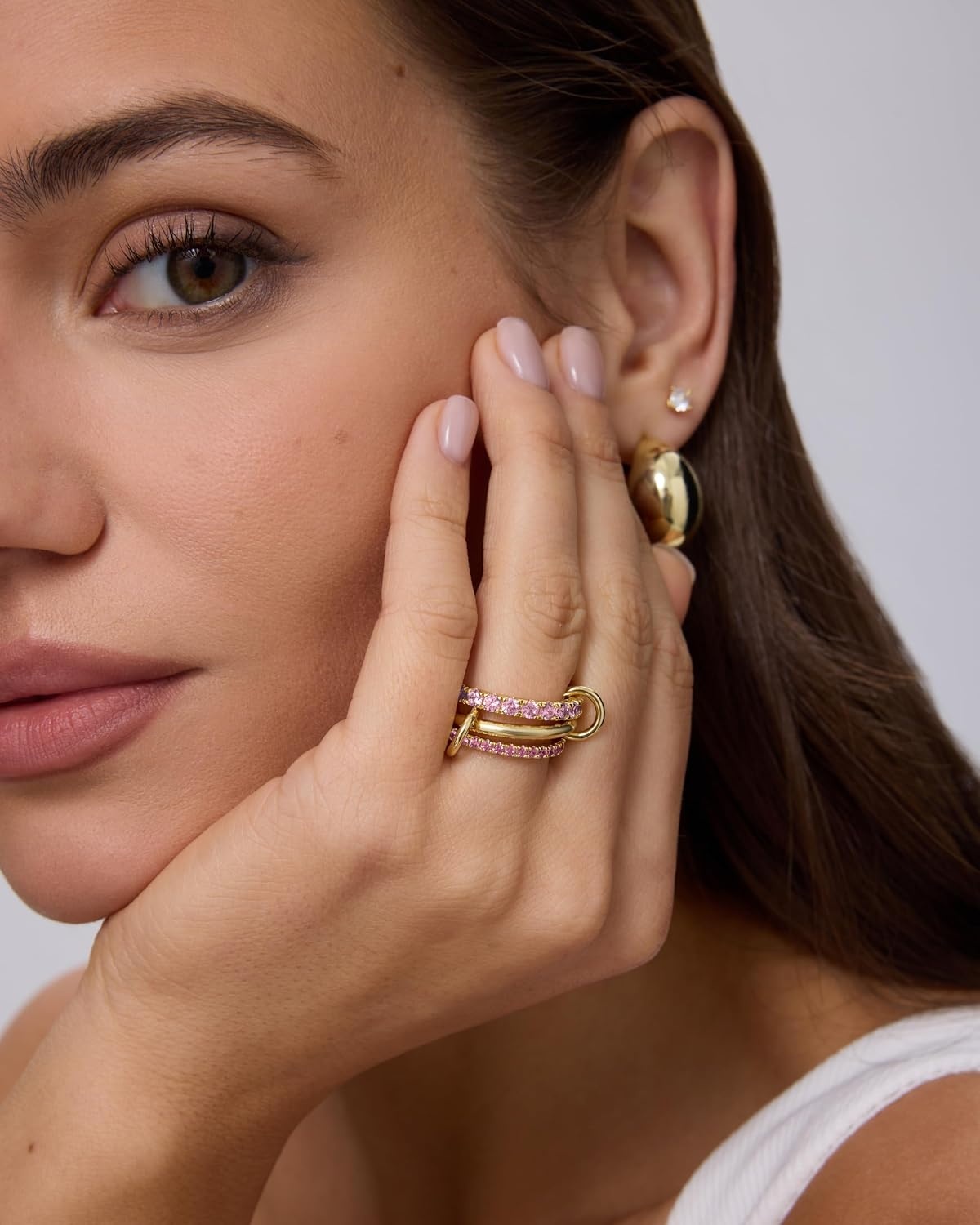 image:imagePAVOI 14K Gold Plated Interlocking Ring for Women Chunky Connected Bands Interlock Stackable Rings for Women Trendy Cubic Zirconia Two Tone Interlocked MultiBand Statement JewelryTriple bands plain CZ Yellow Gold