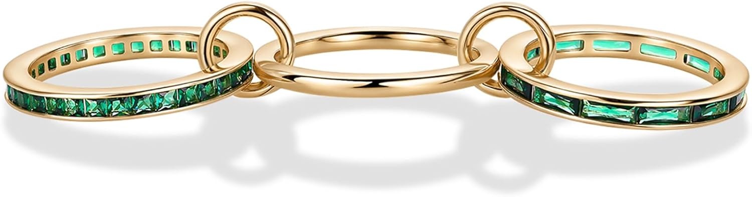 image:imagePAVOI 14K Gold Plated Interlocking Ring for Women Chunky Connected Bands Interlock Stackable Rings for Women Trendy Cubic Zirconia Two Tone Interlocked MultiBand Statement JewelryChunky Bands Green CZ Yellow Gold