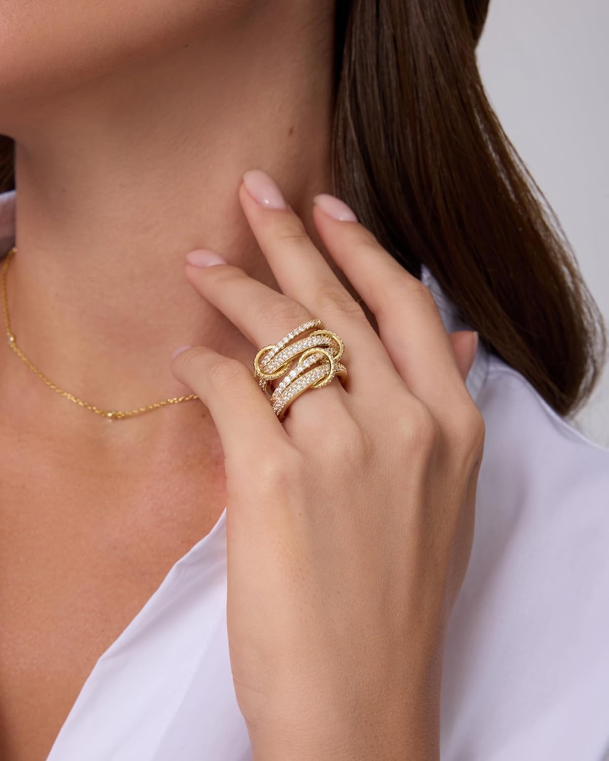 image:imagePAVOI 14K Gold Plated Interlocking Ring for Women Chunky Connected Bands Interlock Stackable Rings for Women Trendy Cubic Zirconia Two Tone Interlocked MultiBand Statement JewelryChunky Bands CZ Yellow Gold