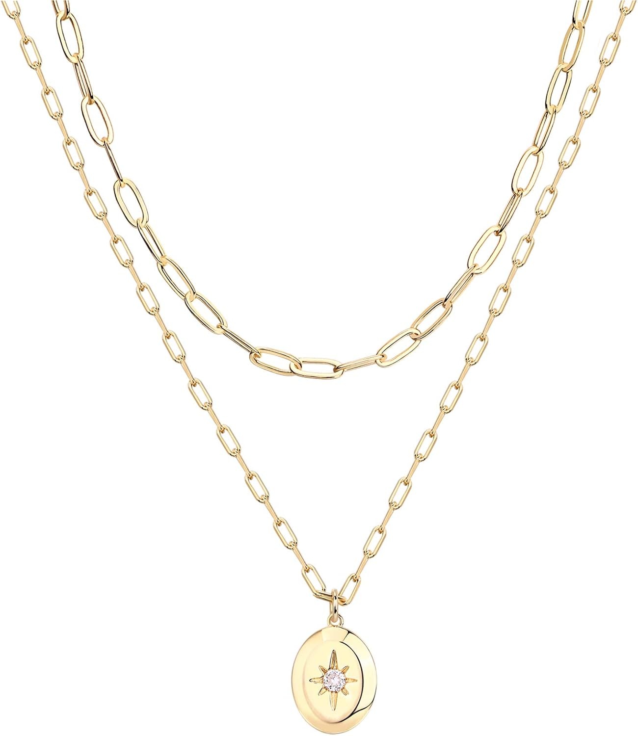 image:imagePAVOI 14K Gold Plated Layering Necklaces  Stylish Minimalist Design Pendant Necklaces  Bar Circle Lotus Disc Dog Tag Horizontal Bar Pendants for WomenYellow Gold