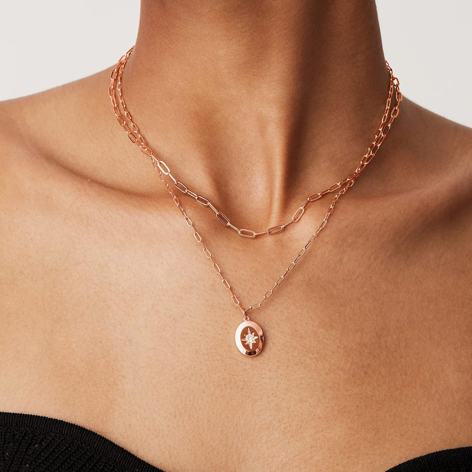 image:imagePAVOI 14K Gold Plated Layering Necklaces  Stylish Minimalist Design Pendant Necklaces  Bar Circle Lotus Disc Dog Tag Horizontal Bar Pendants for WomenRose Gold