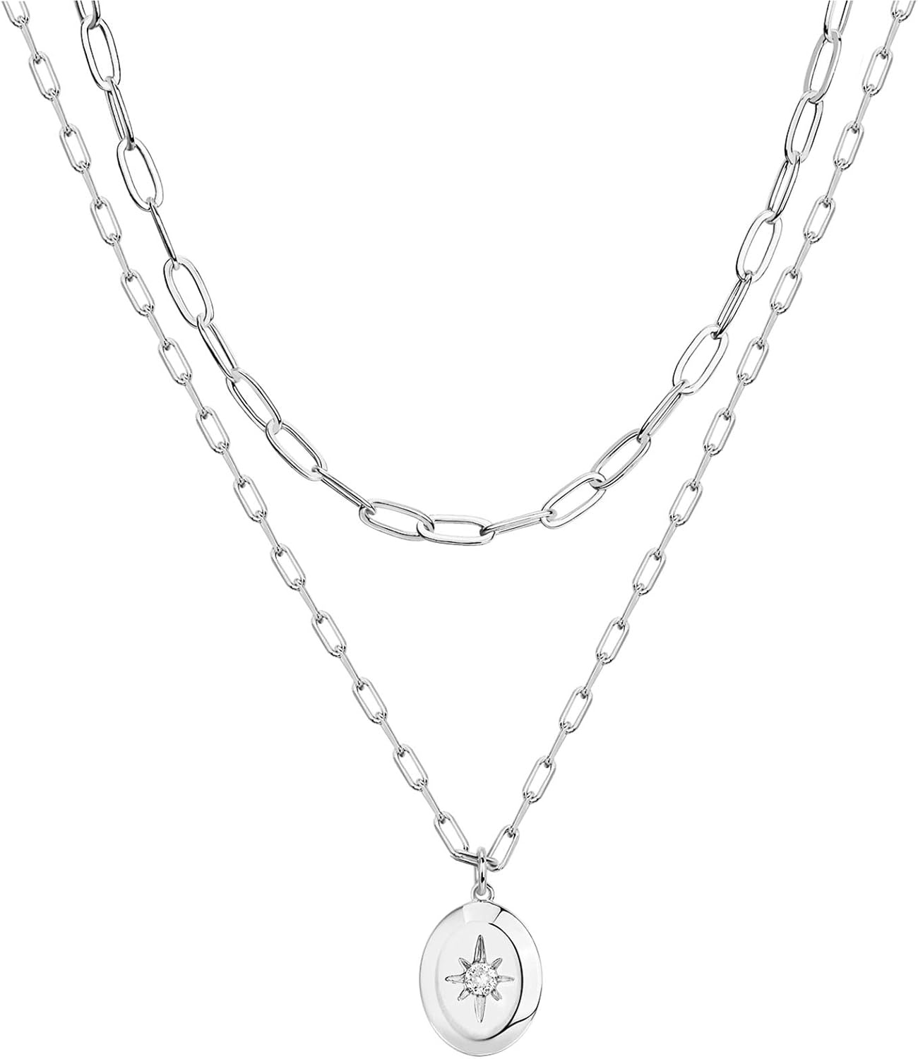 image:imagePAVOI 14K Gold Plated Layering Necklaces  Stylish Minimalist Design Pendant Necklaces  Bar Circle Lotus Disc Dog Tag Horizontal Bar Pendants for WomenWhite Gold