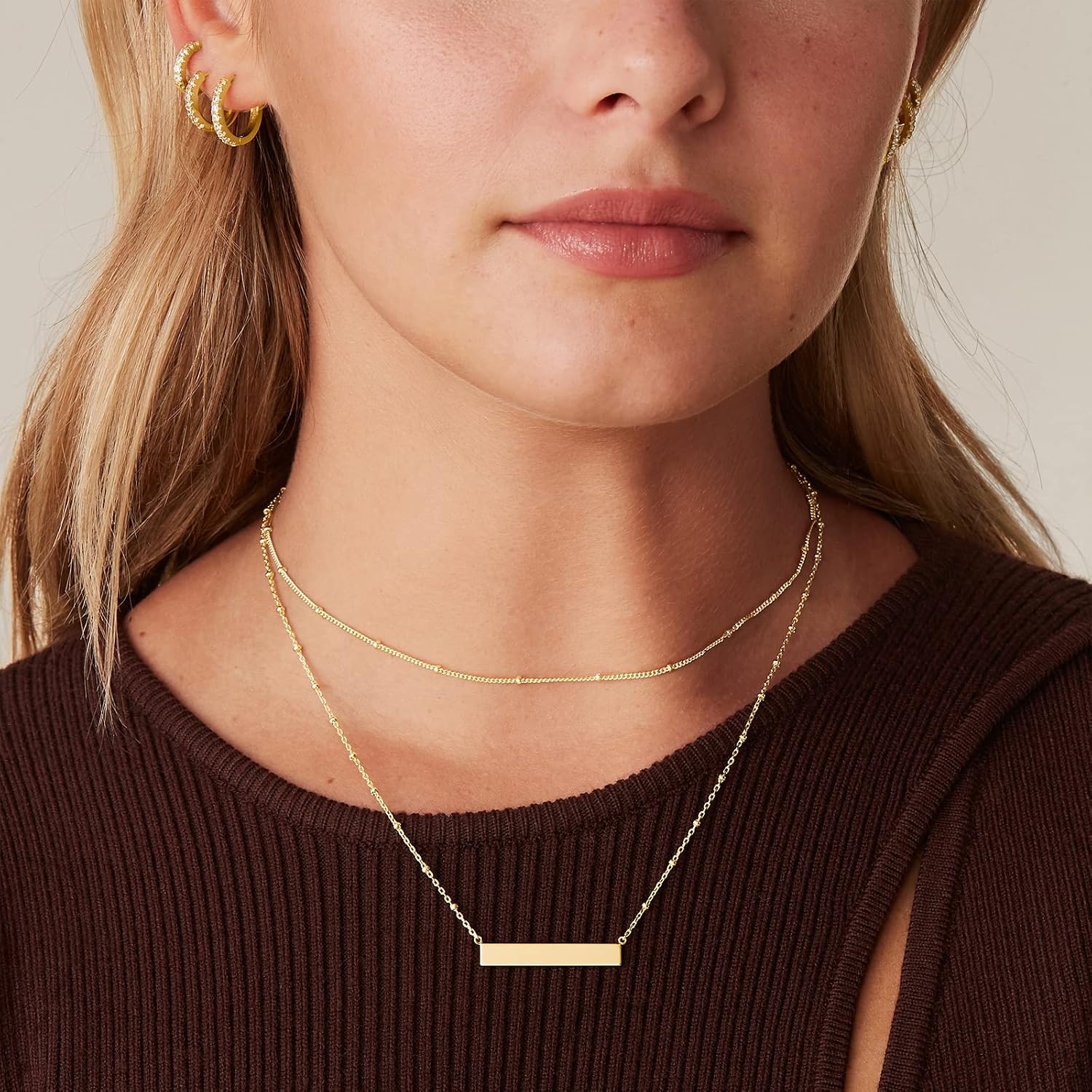 image:imagePAVOI 14K Gold Plated Layering Necklaces  Stylish Minimalist Design Pendant Necklaces  Bar Lotus Disc Dog Tag Horizontal Bar Pendants for WomenYellow Gold