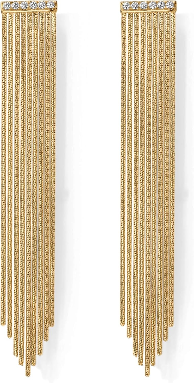 image:imagePAVOI 14K Gold Plated Long Tassel Dangle Earrings for Women 925 Sterling Silver Posts Elegant Rhinestone Chain Chandelier Drop Earrings Statement JewelryYellow Gold