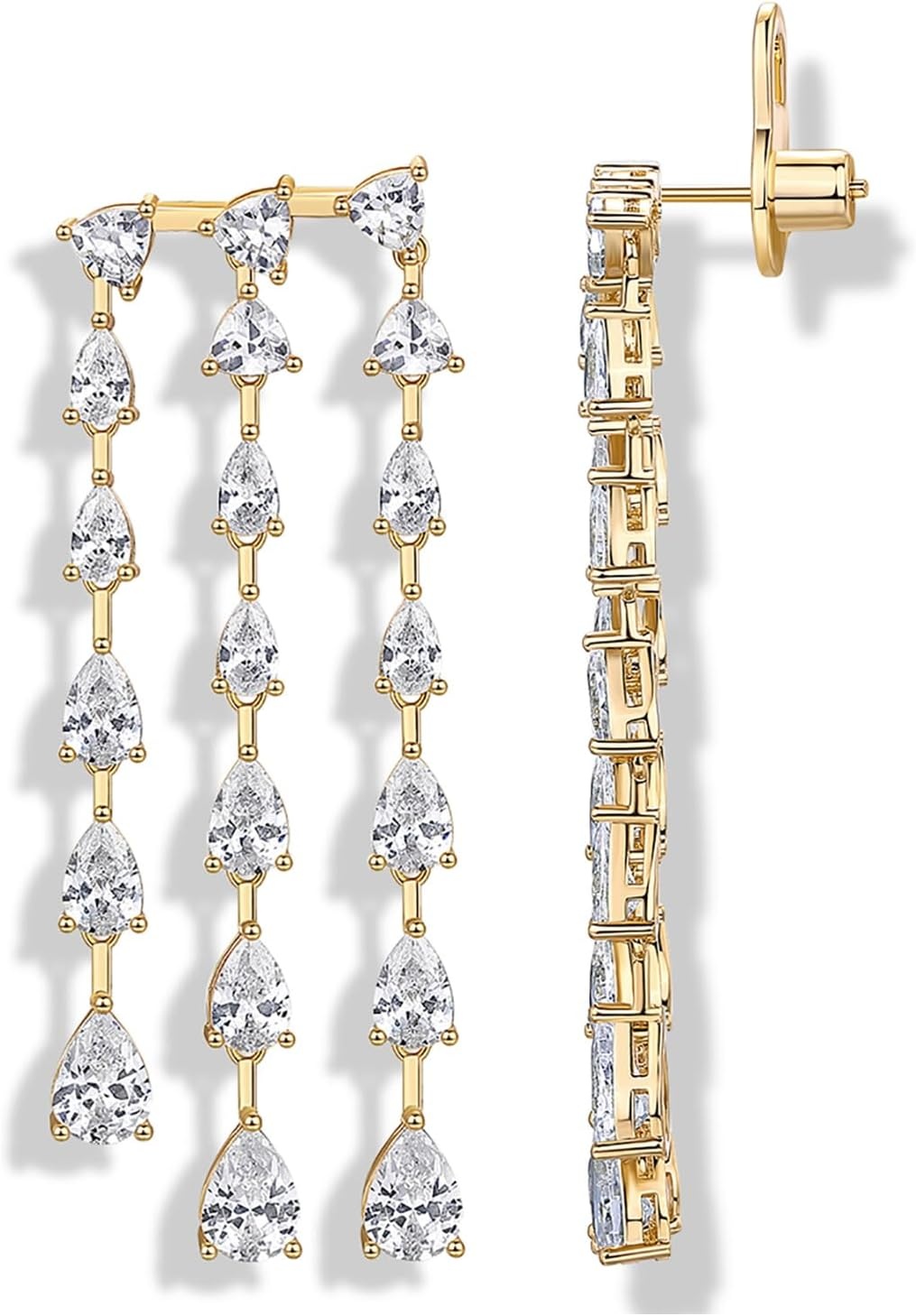 image:imagePAVOI 14K Gold Plated Long Tassel Dangle Earrings for Women 925 Sterling Silver Posts Elegant Rhinestone Chain Chandelier Drop Earrings Statement JewelryYellow Gold