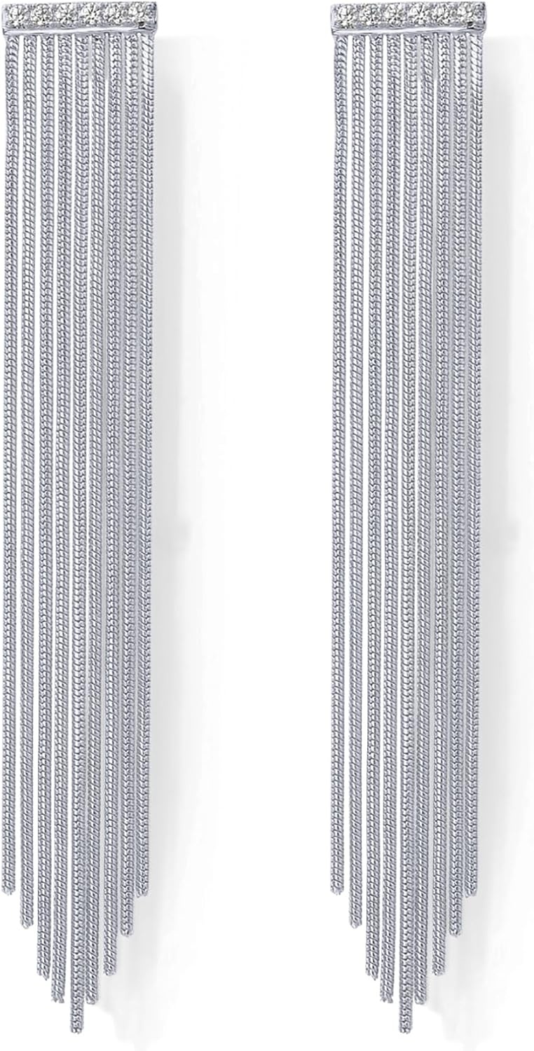 image:imagePAVOI 14K Gold Plated Long Tassel Dangle Earrings for Women 925 Sterling Silver Posts Elegant Rhinestone Chain Chandelier Drop Earrings Statement JewelryWhite Gold