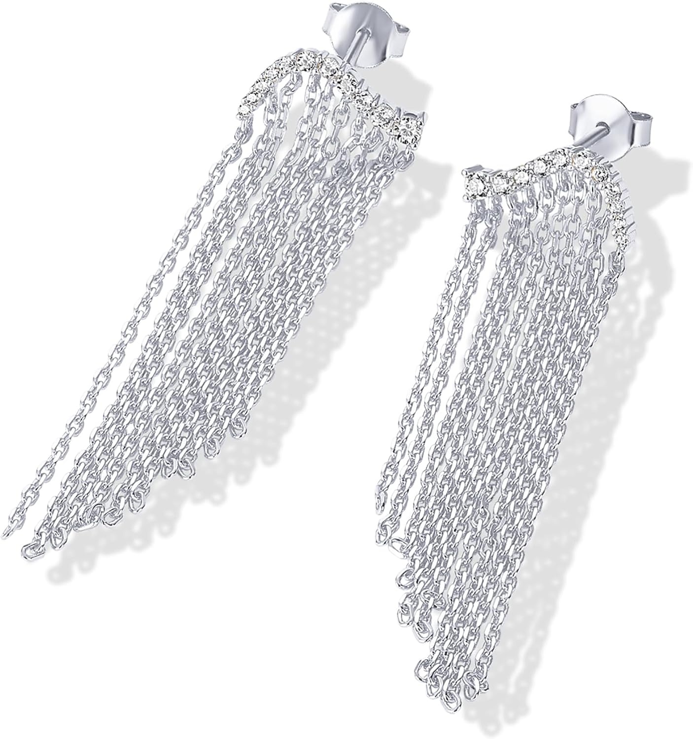 image:imagePAVOI 14K Gold Plated Long Tassel Dangle Earrings for Women 925 Sterling Silver Posts Elegant Rhinestone Chain Chandelier Drop Earrings Statement JewelryWhite Gold