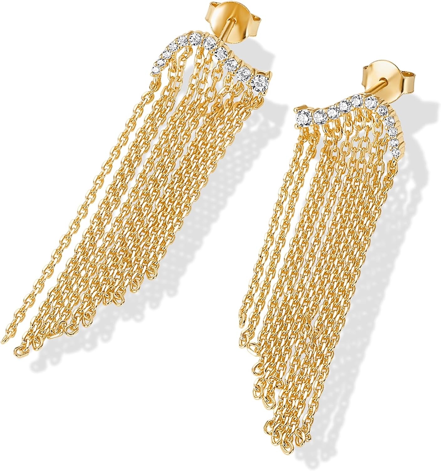 image:imagePAVOI 14K Gold Plated Long Tassel Dangle Earrings for Women 925 Sterling Silver Posts Elegant Rhinestone Chain Chandelier Drop Earrings Statement JewelryYellow Gold
