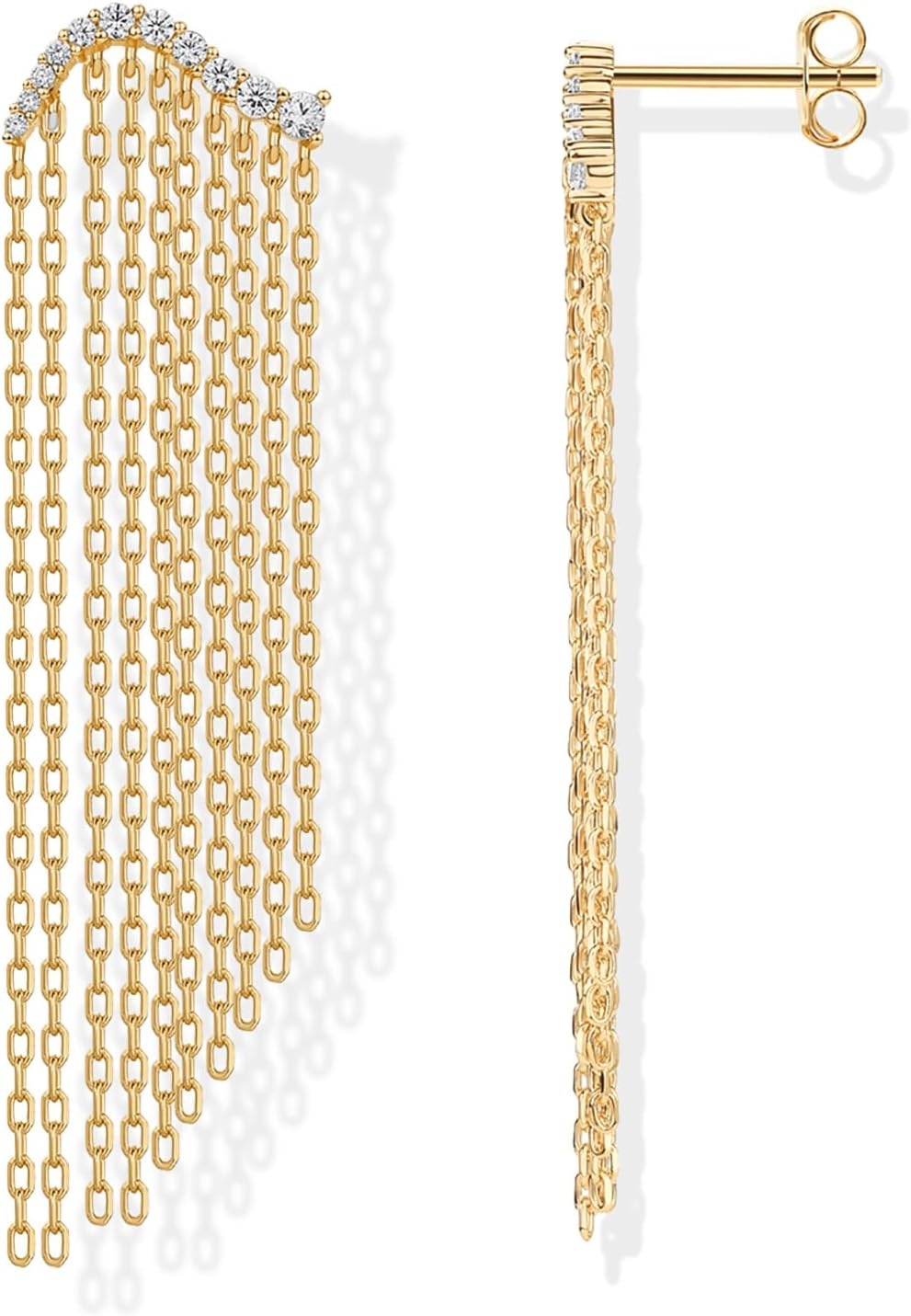 image:imagePAVOI 14K Gold Plated Long Tassel Dangle Earrings for Women 925 Sterling Silver Posts Elegant Rhinestone Chain Chandelier Drop Earrings Statement JewelryYellow Gold