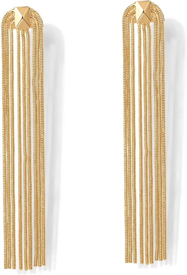 image:imagePAVOI 14K Gold Plated Long Tassel Dangle Earrings for Women 925 Sterling Silver Posts Elegant Rhinestone Chain Chandelier Drop Earrings Statement JewelryYellow Gold
