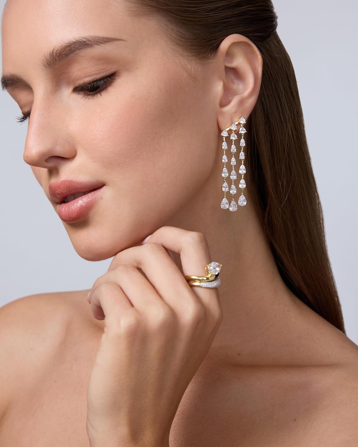 image:imagePAVOI 14K Gold Plated Long Tassel Dangle Earrings for Women 925 Sterling Silver Posts Elegant Rhinestone Chain Chandelier Drop Earrings Statement JewelryYellow Gold