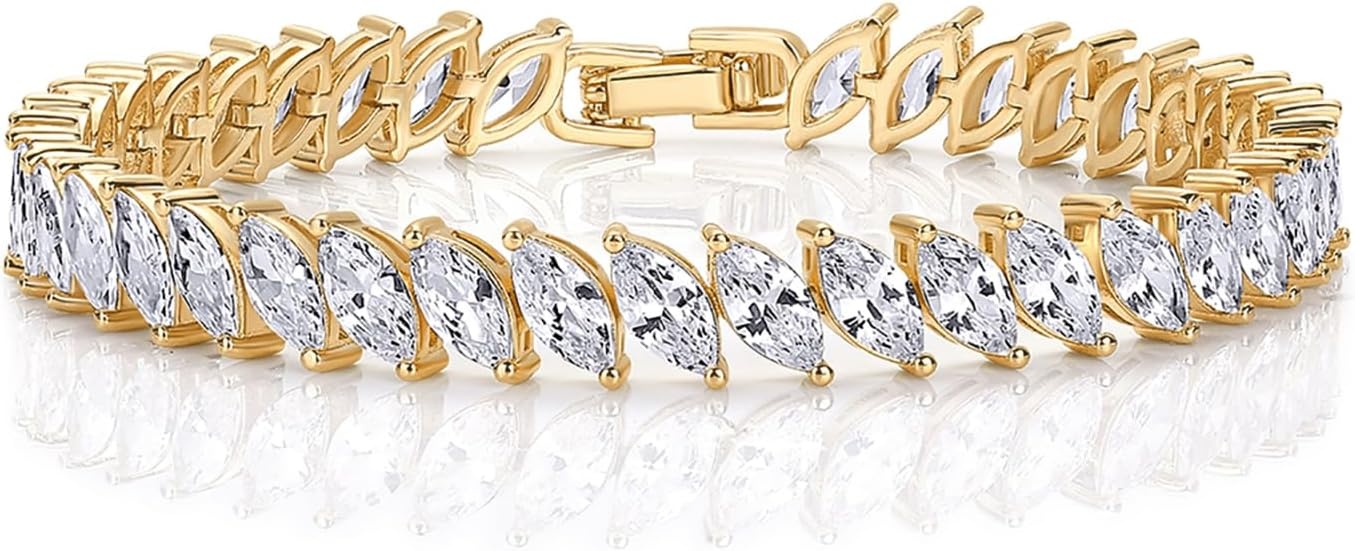 image:imagePAVOI 14K Gold Plated Marquise Cut Tennis Bracelet for Women Cubic Zirconia Gold Tennis Bracelets for Women Delicate Marquise CZ Bridal Jewelry for WeddingYellow Gold