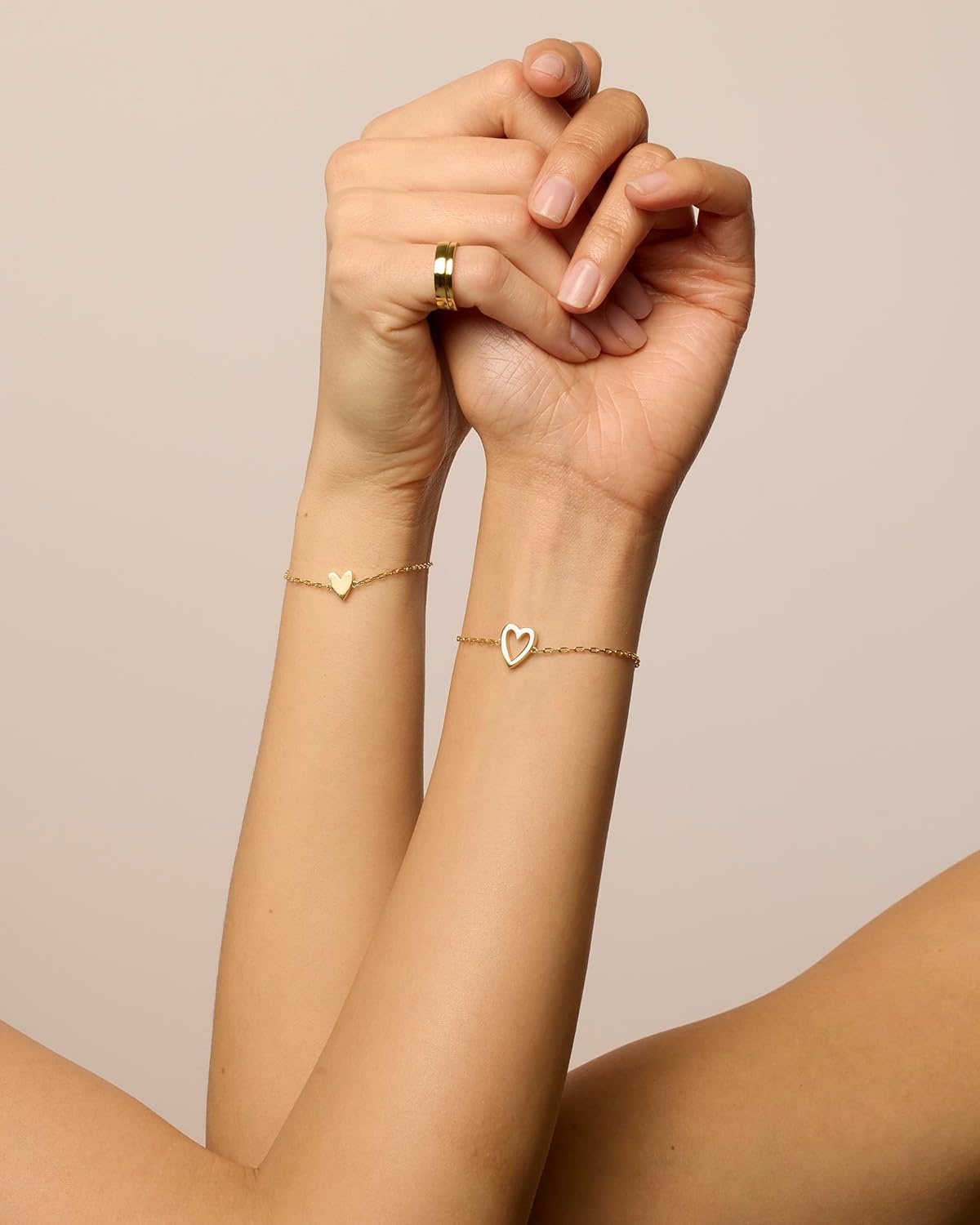 image:imagePAVOI 14K Gold Plated Matching Heart Charms Solitaire Bracelet Set for Women Adjustable Valentines Day Love Friendship Two Bracelet Pack2Piece Set