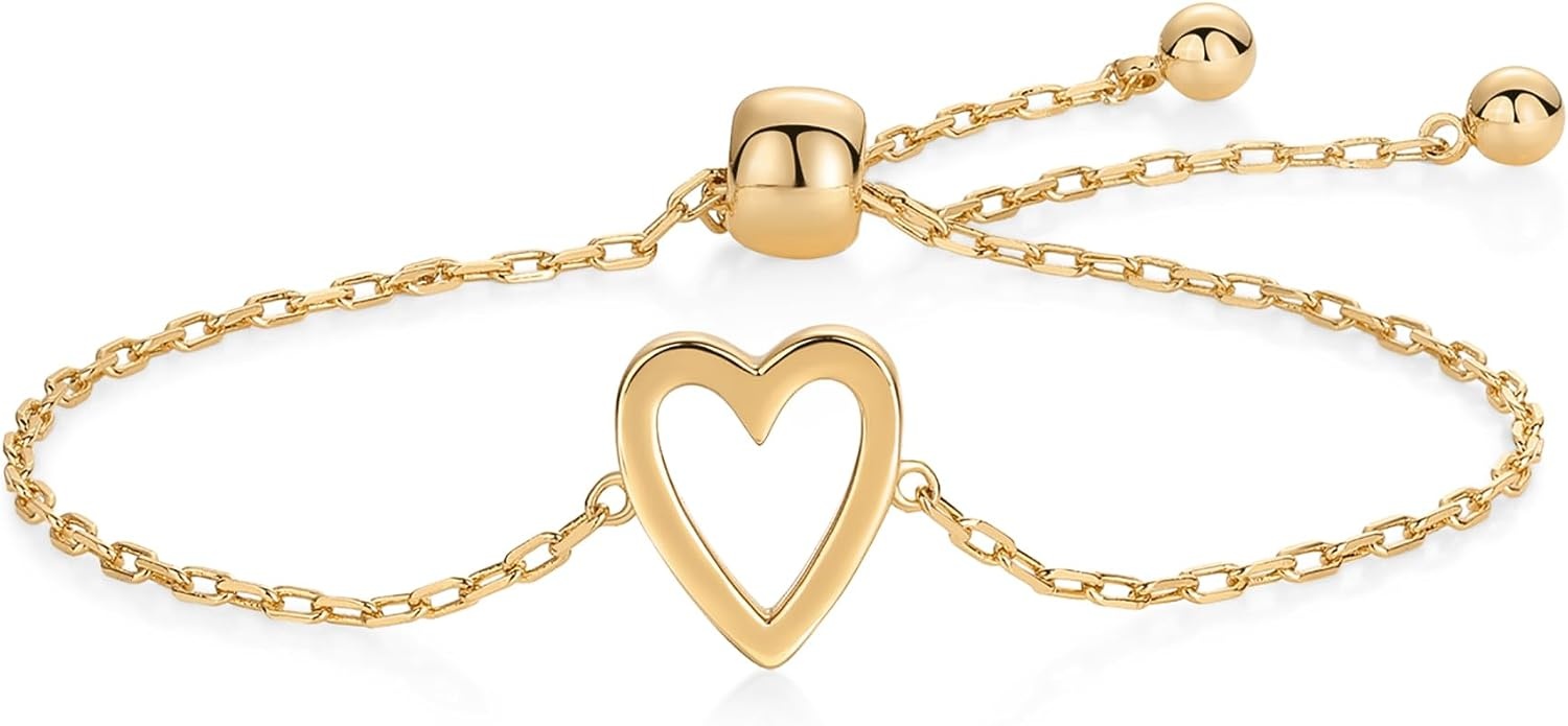image:imagePAVOI 14K Gold Plated Matching Heart Charms Solitaire Bracelet Set for Women Adjustable Valentines Day Love Friendship Two Bracelet Pack2Piece Set