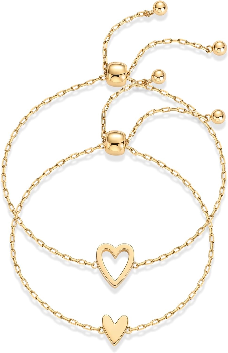 image:imagePAVOI 14K Gold Plated Matching Heart Charms Solitaire Bracelet Set for Women Adjustable Valentines Day Love Friendship Two Bracelet Pack2Piece Set