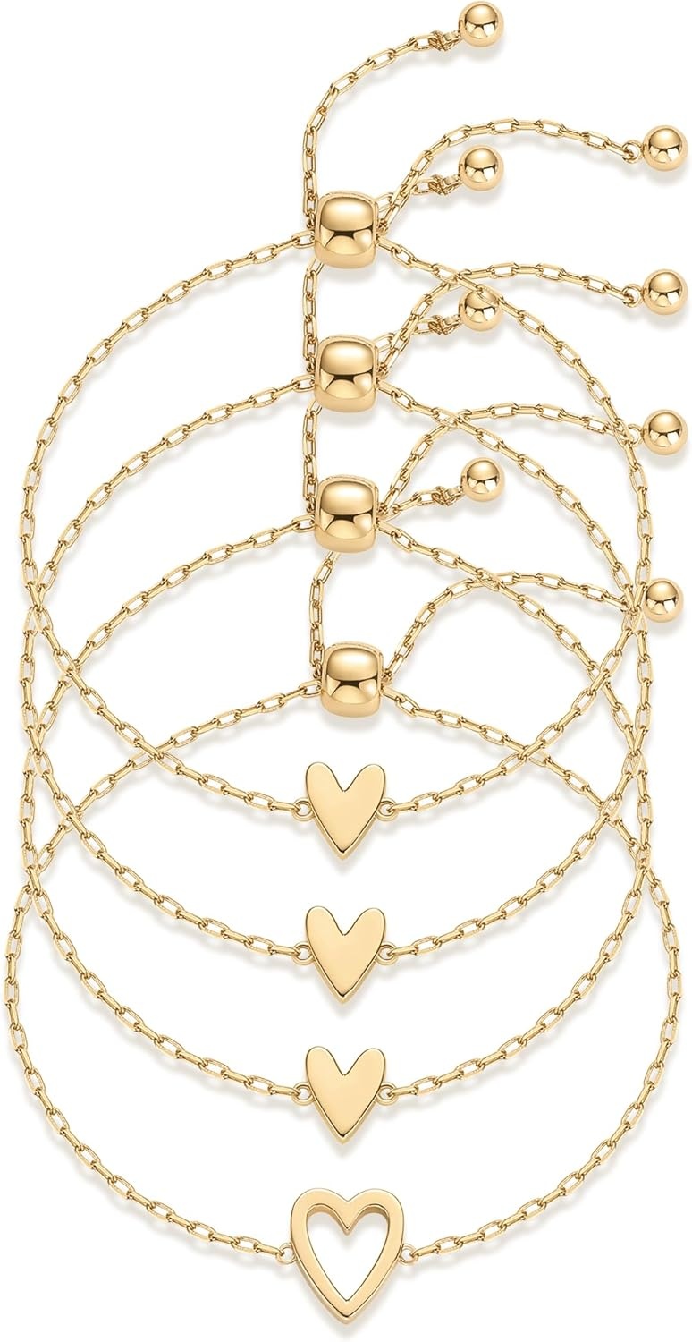 image:imagePAVOI 14K Gold Plated Matching Heart Charms Solitaire Bracelet Set for Women Adjustable Valentines Day Love Friendship Two Bracelet Pack4Piece Set