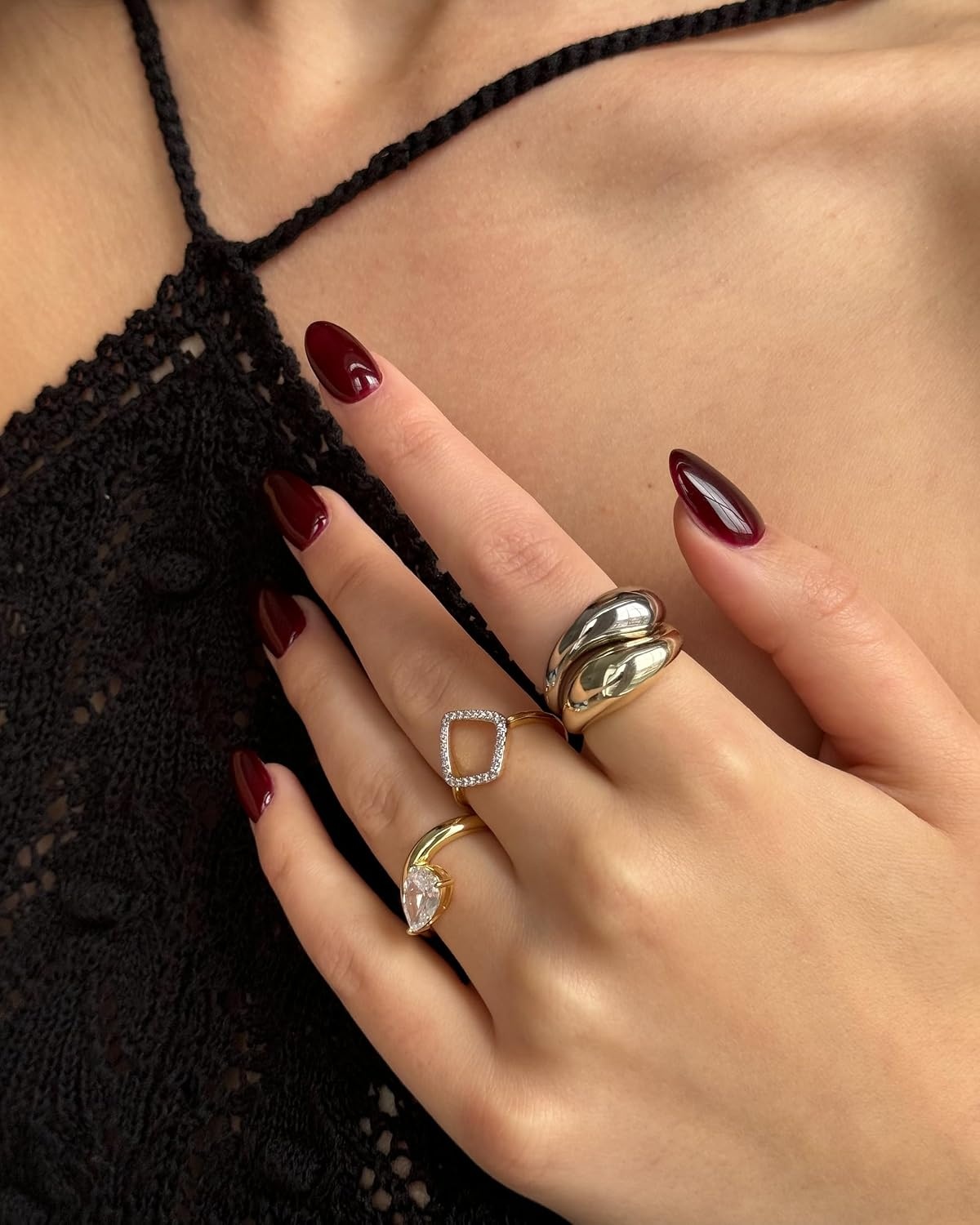 image:imagePAVOI 14K Gold Plated Mixed Metal Chunky Two Tone Wavy Dome Rings Pack for Women Statement Ring Set