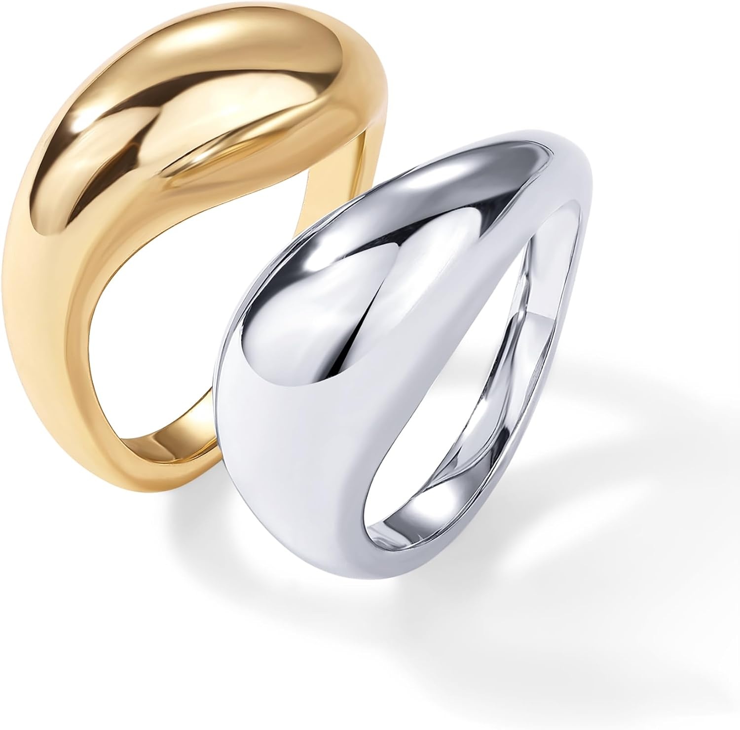 image:imagePAVOI 14K Gold Plated Mixed Metal Chunky Two Tone Wavy Dome Rings Pack for Women Statement Ring Set