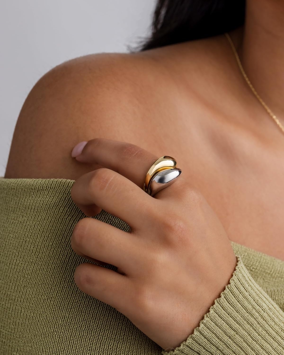 image:imagePAVOI 14K Gold Plated Mixed Metal Chunky Two Tone Wavy Dome Rings Pack for Women Statement Ring Set
