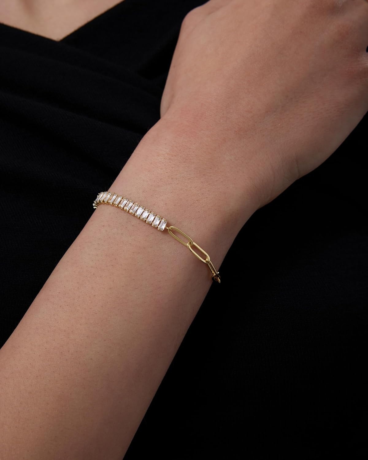 image:imagePAVOI 14K Gold Plated Paperclip Tennis Bracelets for Women Link Chain Gold Bracelet for Women with Cubic Zirconia Adjustable Trendy Bridal JewelryWhite Gold