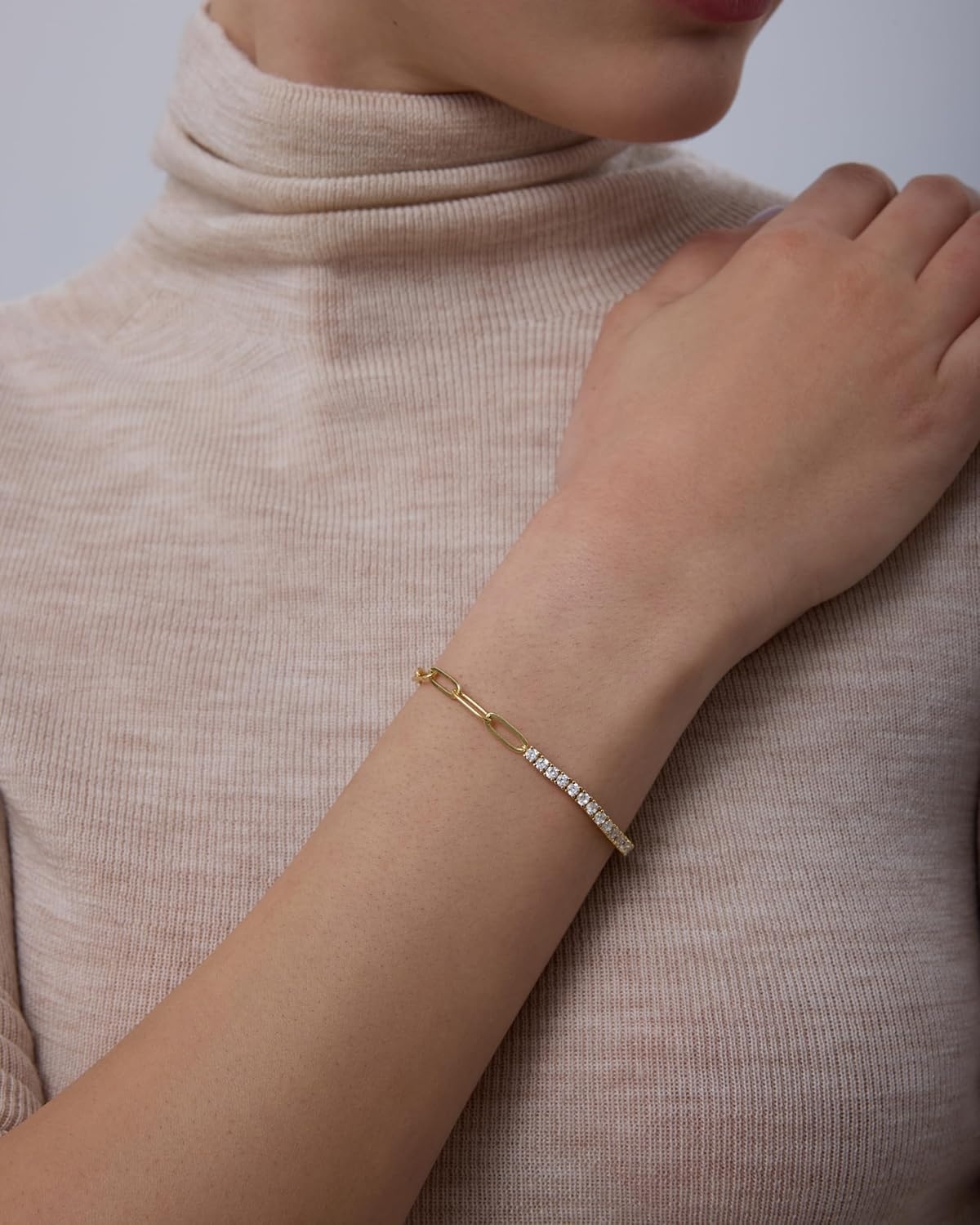 image:imagePAVOI 14K Gold Plated Paperclip Tennis Bracelets for Women Link Chain Gold Bracelet for Women with Cubic Zirconia Adjustable Trendy Bridal JewelryWhite Gold