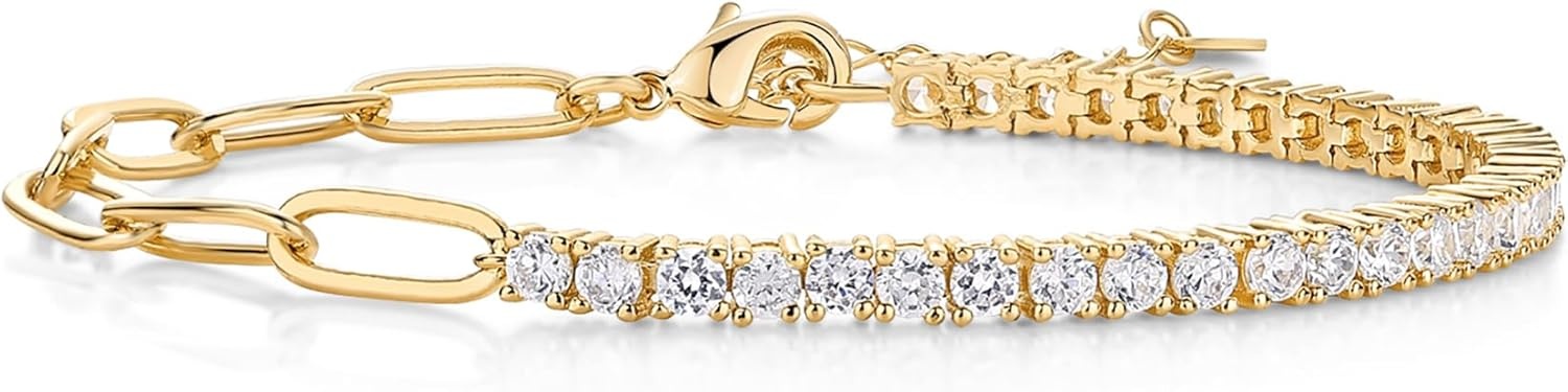 image:imagePAVOI 14K Gold Plated Paperclip Tennis Bracelets for Women Link Chain Gold Bracelet for Women with Cubic Zirconia Adjustable Trendy Bridal JewelryYellow Gold