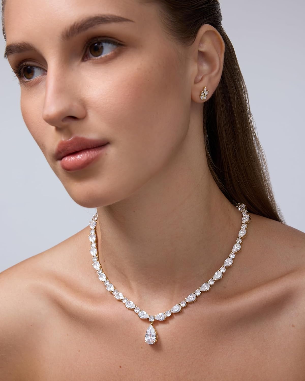 image:imagePAVOI 14K Gold Plated Pear Tennis Necklaces for Women Cubic Zirconia Tennis Necklace with Drop for Brides amp Bridesmaids Cute Simulated Diamond Chain Trendy Wedding JewelryYellow Gold