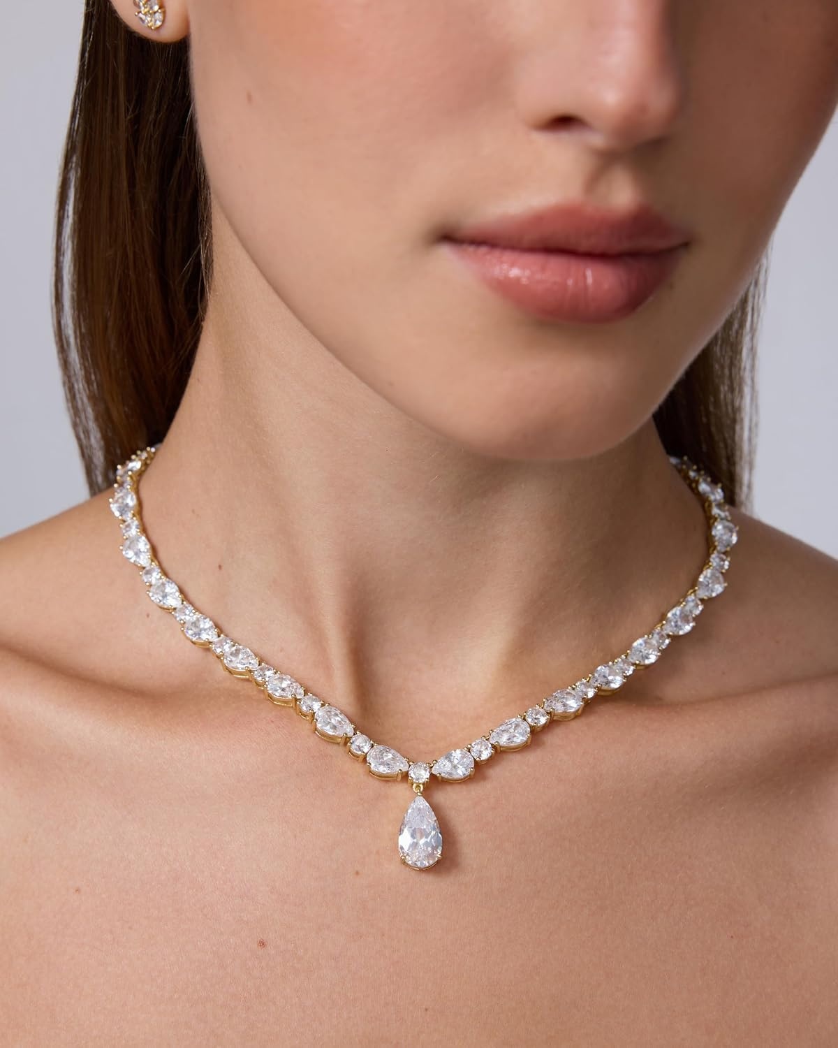 image:imagePAVOI 14K Gold Plated Pear Tennis Necklaces for Women Cubic Zirconia Tennis Necklace with Drop for Brides amp Bridesmaids Cute Simulated Diamond Chain Trendy Wedding JewelryWhite Gold